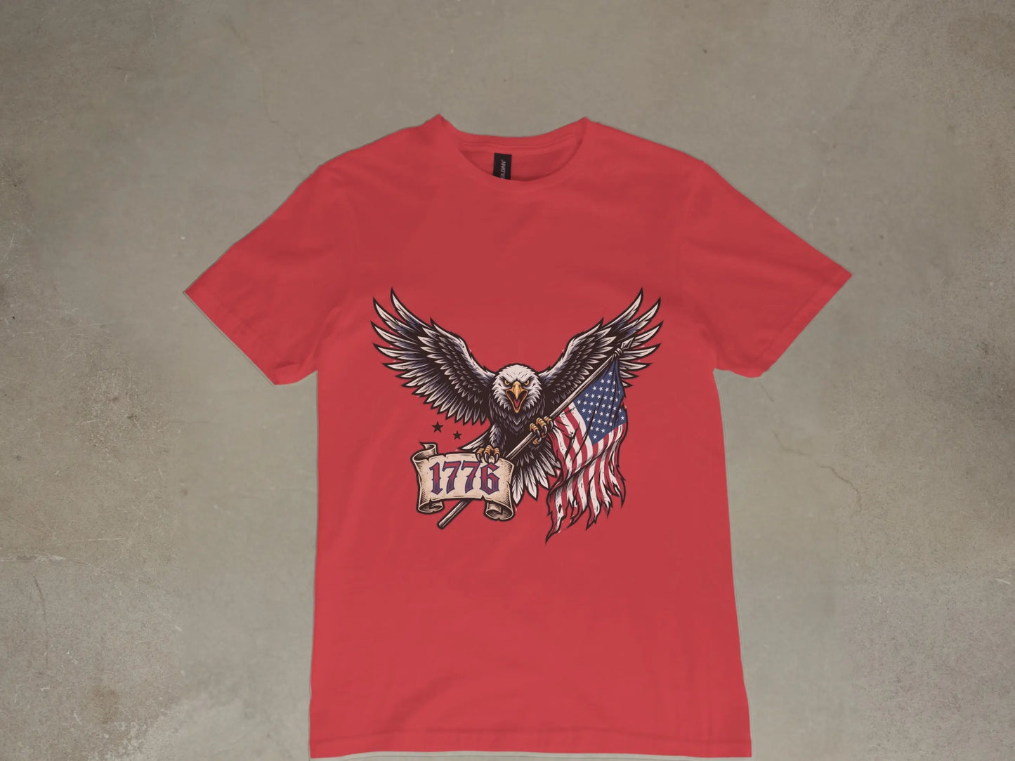 Red t-shirt with an eagle holding the American flag and "1776" banner.
