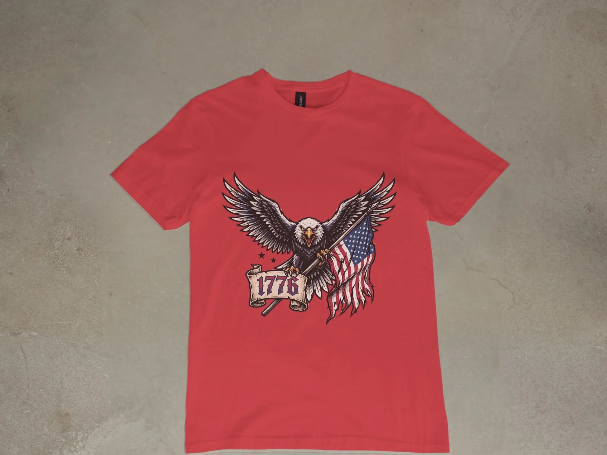 Red t-shirt with an eagle holding the American flag and "1776" banner.