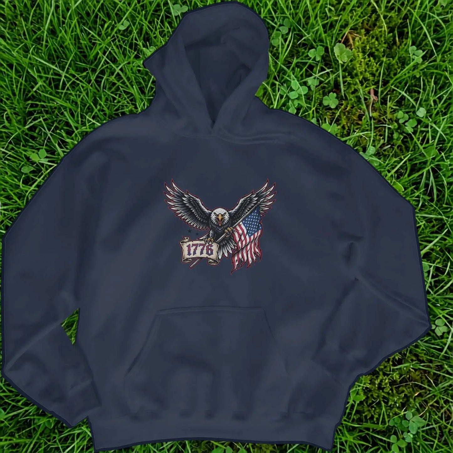 Navy hoodie with eagle, American flag, and "1776" text.