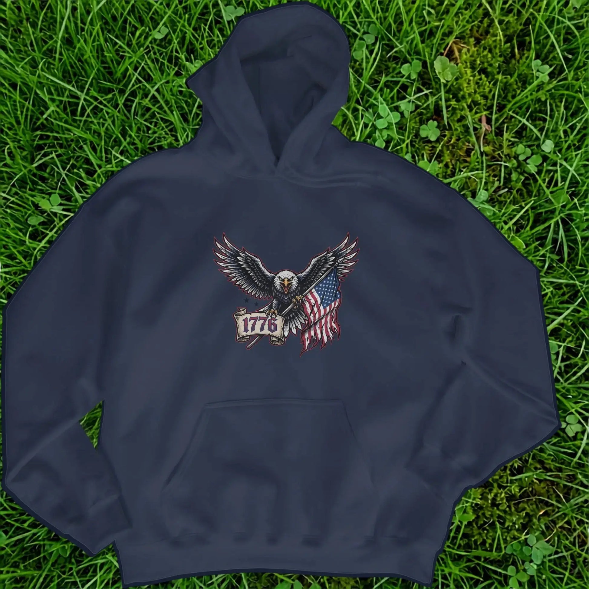 Navy hoodie with eagle, American flag, and "1776" text.
