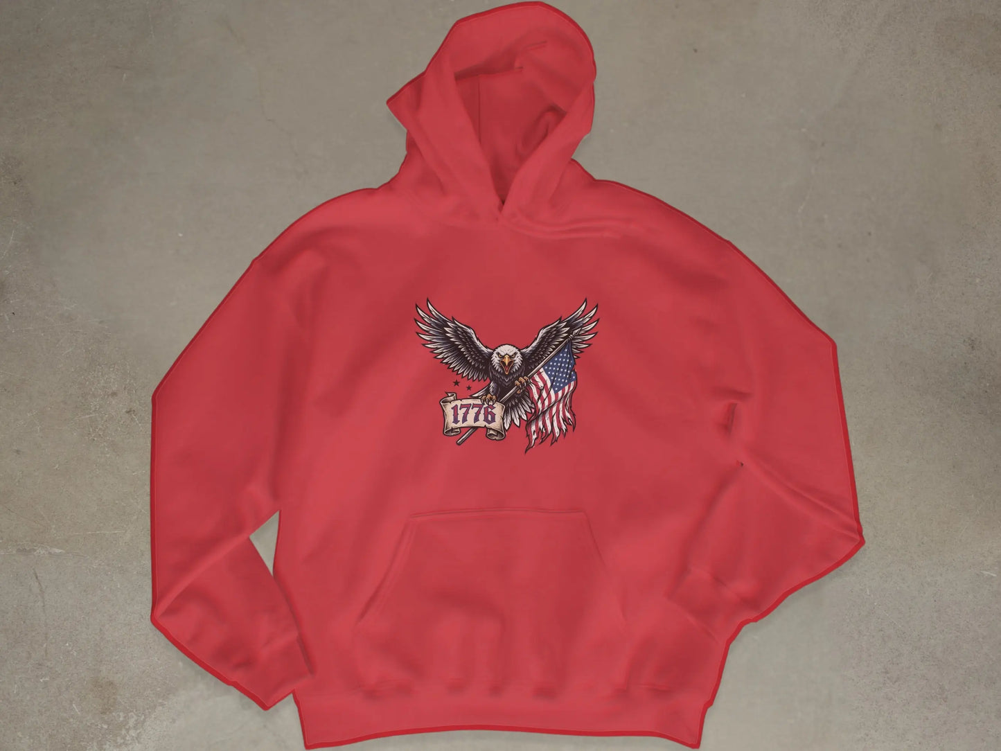 Red hoodie with eagle, US flag, and 1776 graphic design detail.