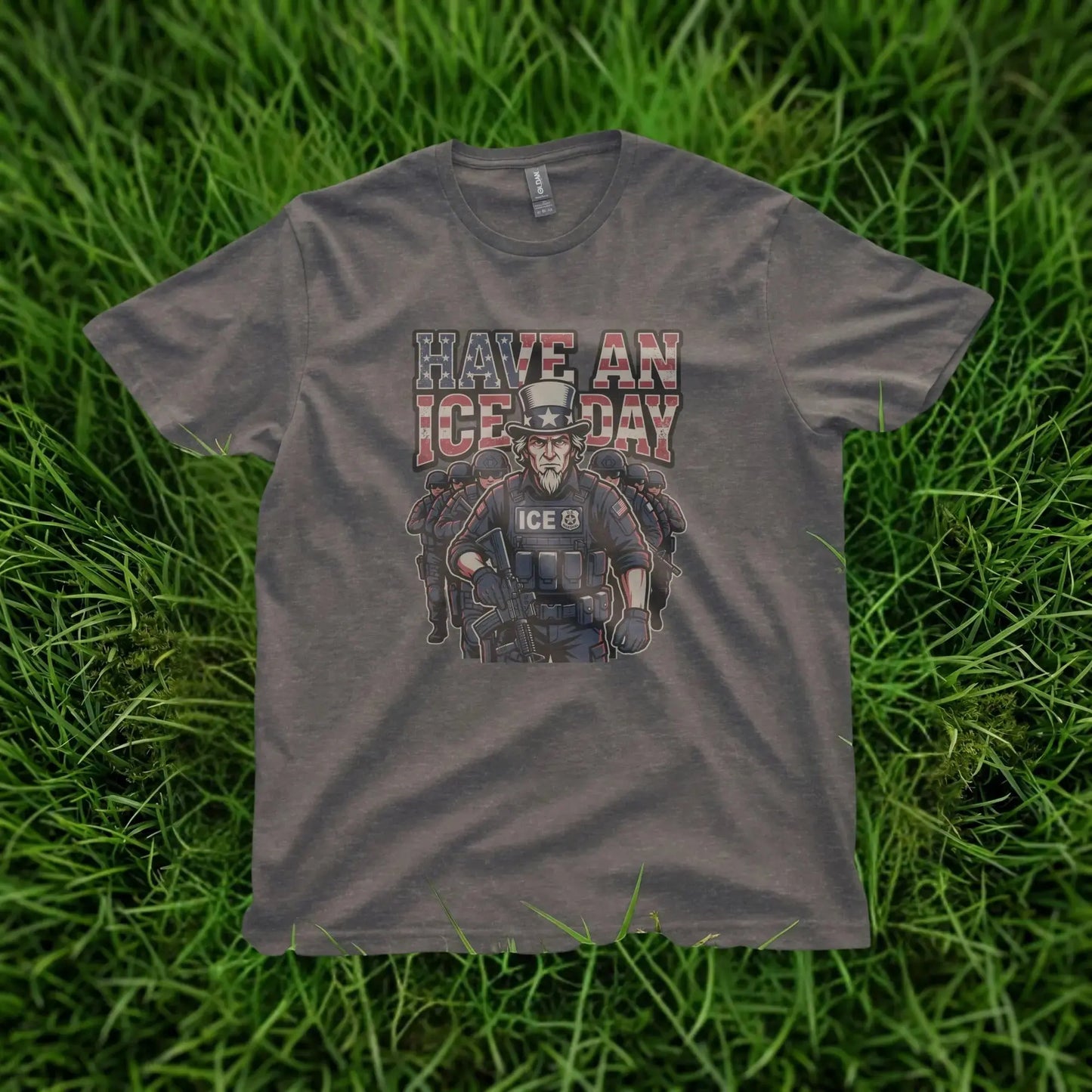 Shirt graphic with Uncle Sam figure wearing ICE vest and rifle, behind other officers.