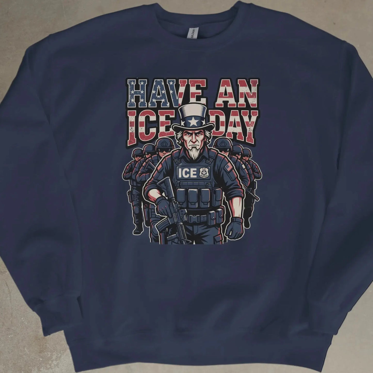 Uncle Sam in tactical gear with "ICE" and "U.S. Marshal" badges, holding a rifle.