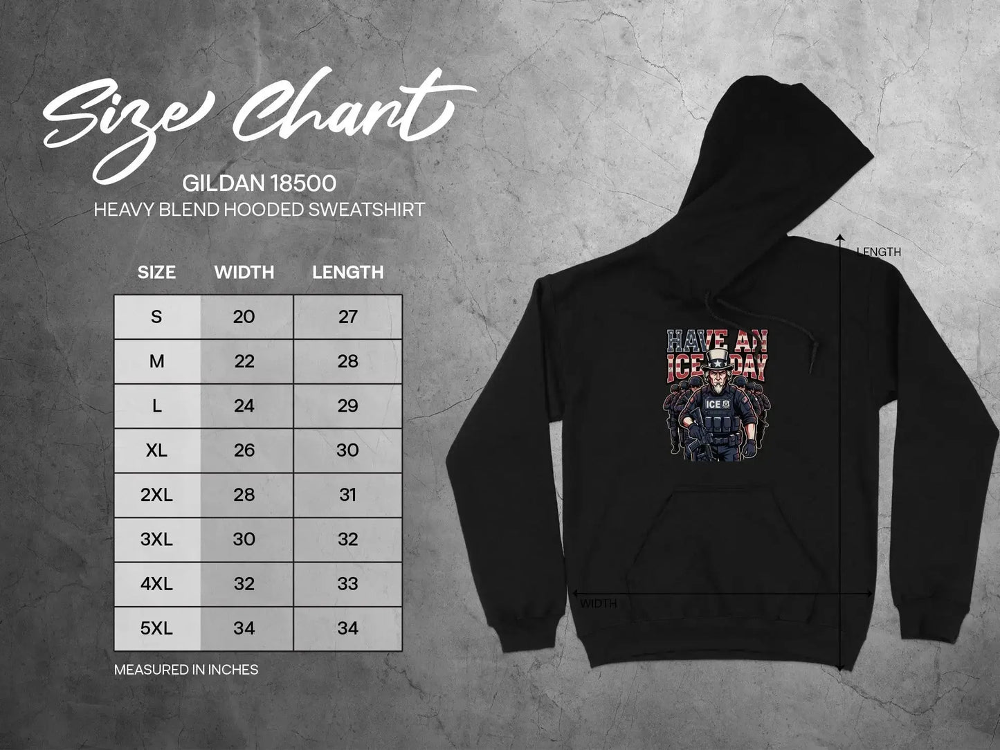 Gildan 18500 heavy blend hoodie size chart with width and length measurements in inches.