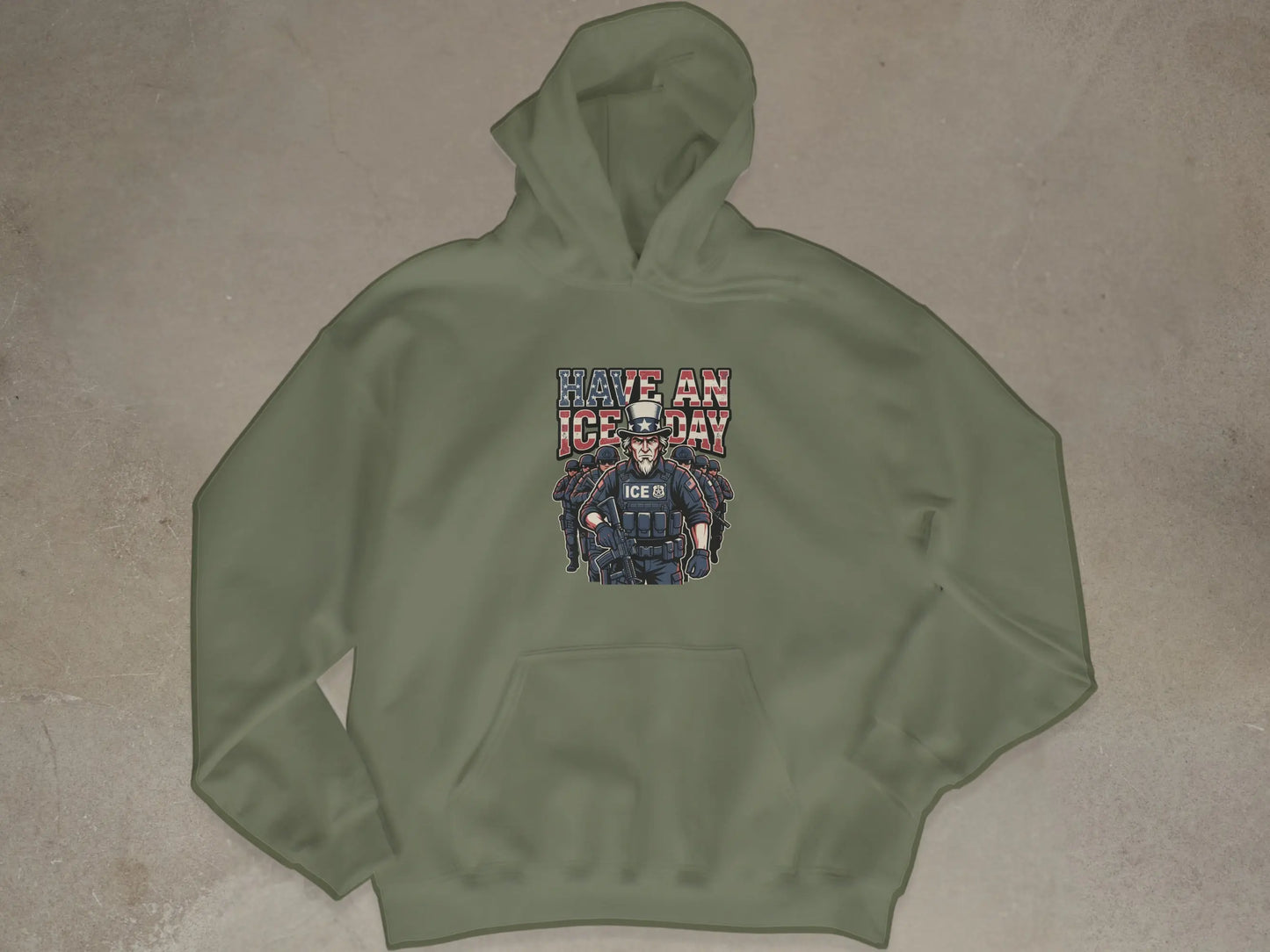 Green hoodie with a graphic of Uncle Sam and ICE agents.