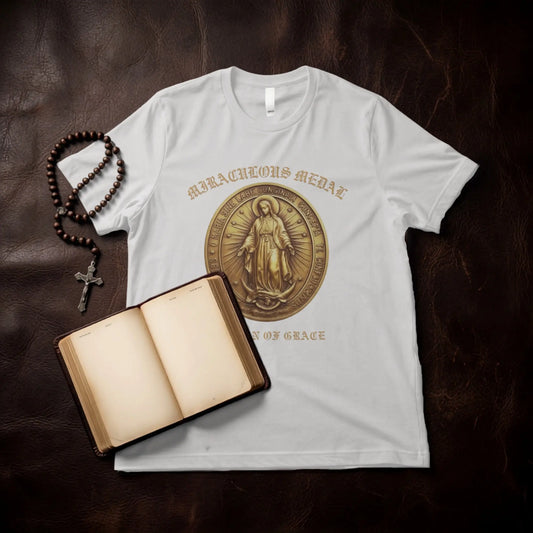 White t-shirt with "Miraculous Medal" and Virgin Mary design, rosary, and open book.
