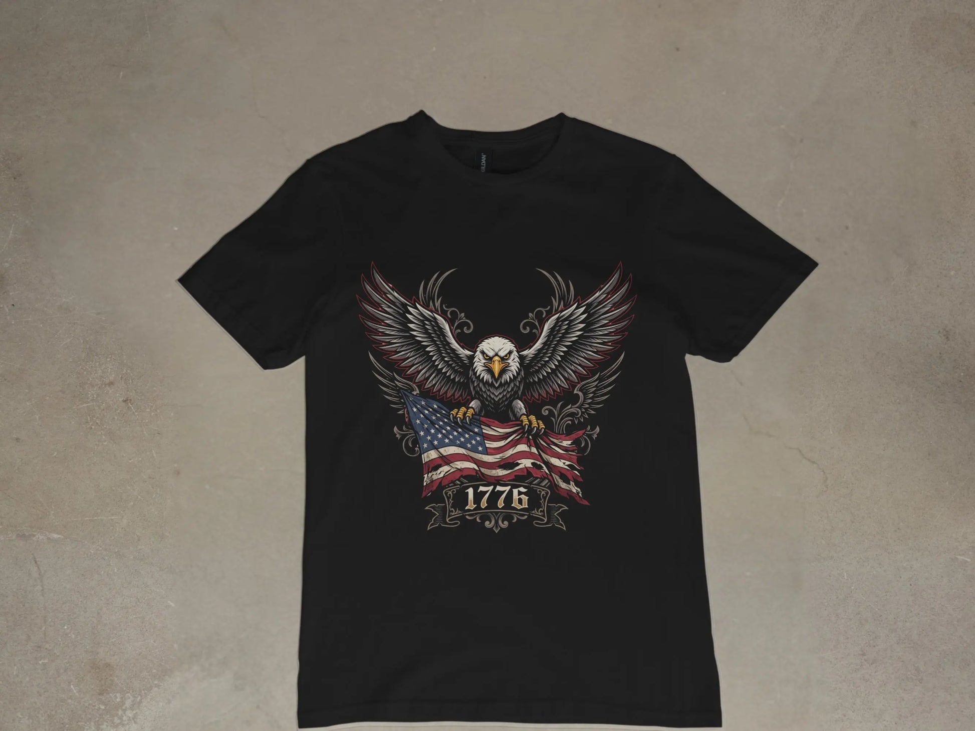 Black t-shirt with eagle clutching American flag and "1776" text.