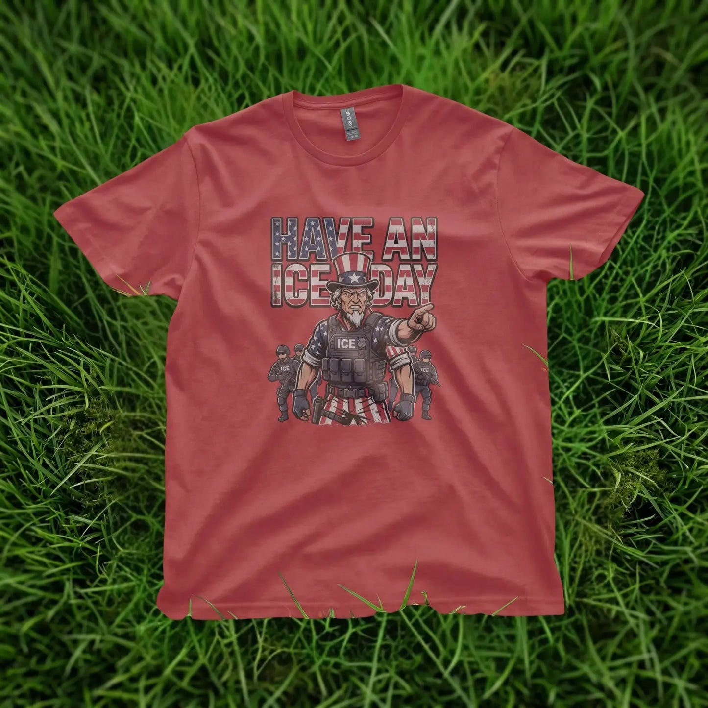 Red t-shirt with Uncle Sam and ICE agents graphic reading "HAVE AN ICE DAY".