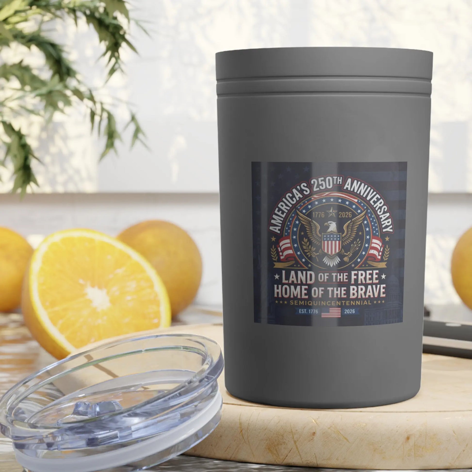 Gray tumbler with "America's 250th Anniversary" and patriotic eagle design.