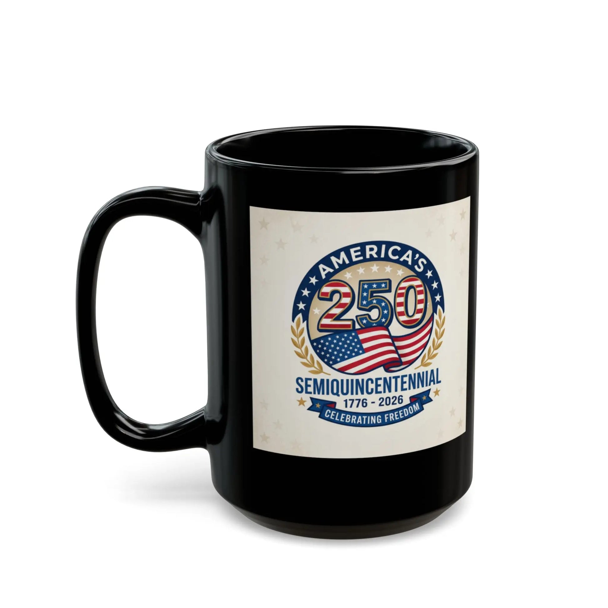 Black mug with America's 250 Semiquincentennial 1776-2026 design.