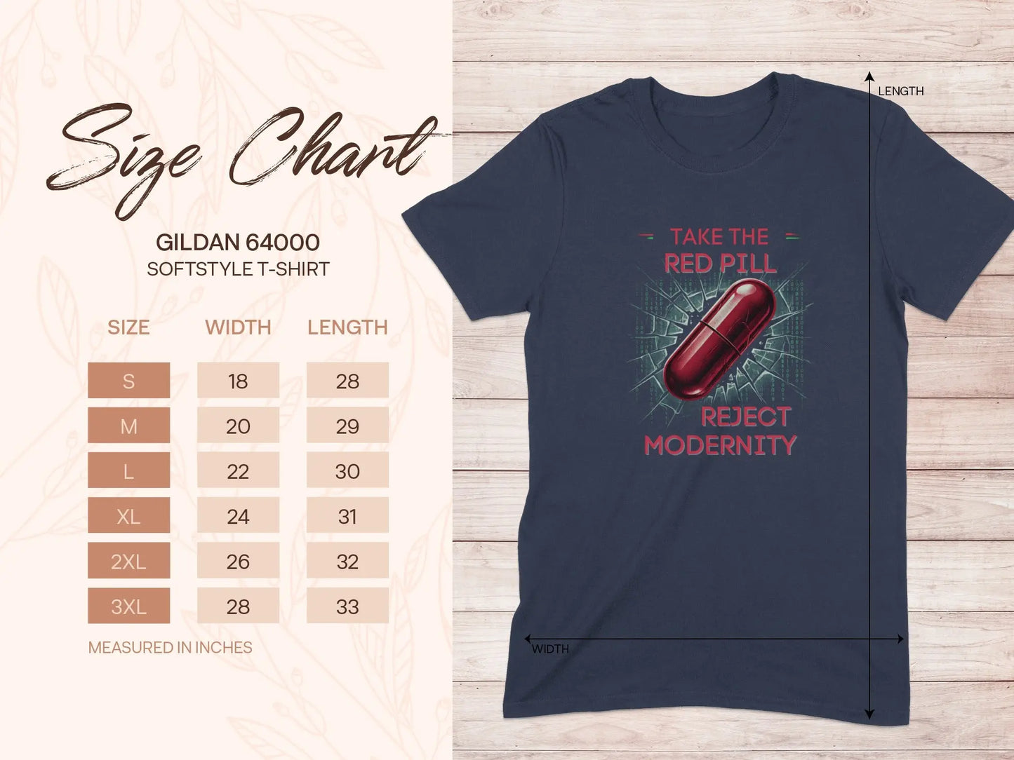 Navy t-shirt with "Take the Red Pill, Reject Modernity" graphic and size chart.