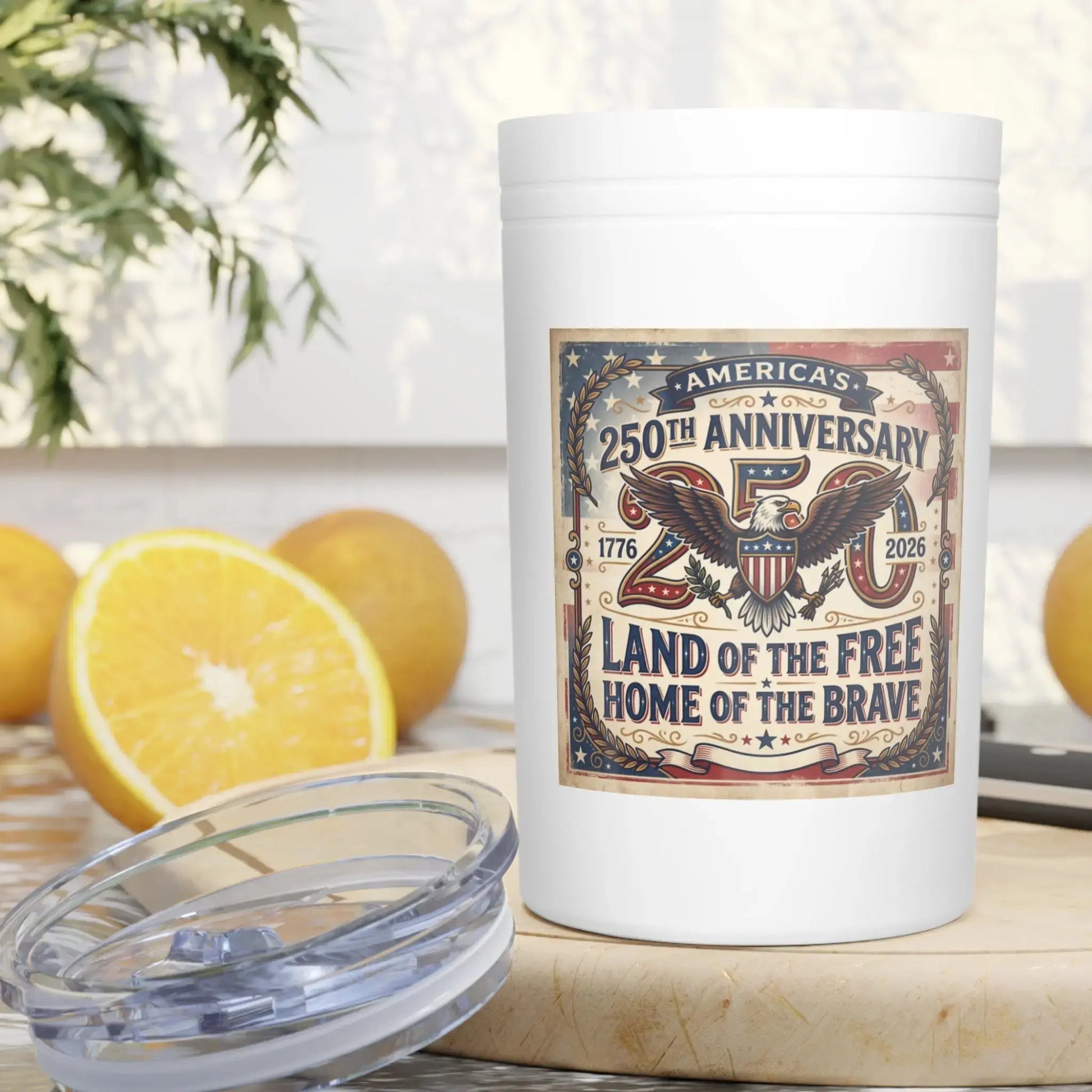 White tumbler with "America's 250th Anniversary" design featuring eagle and patriotic symbols.