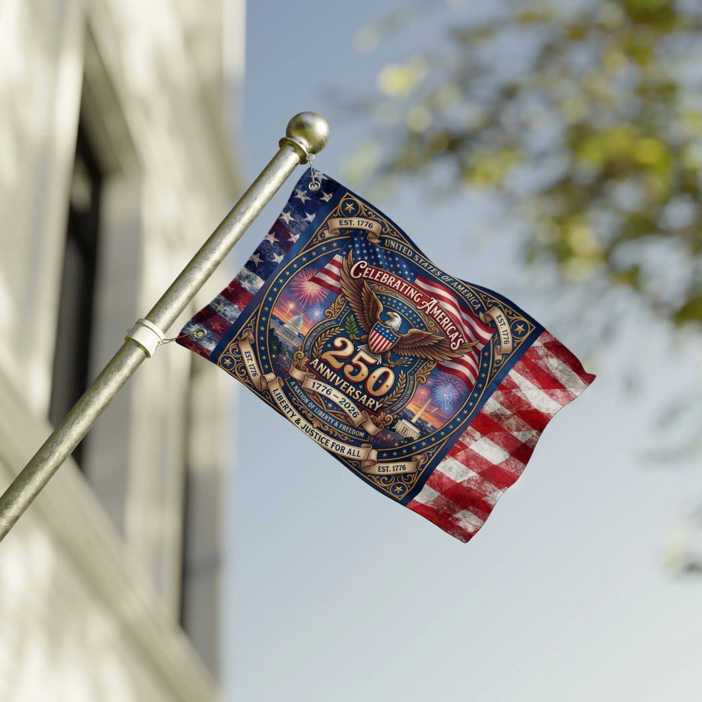 Flag celebrating America's 250th anniversary, featuring an eagle and national landmarks.