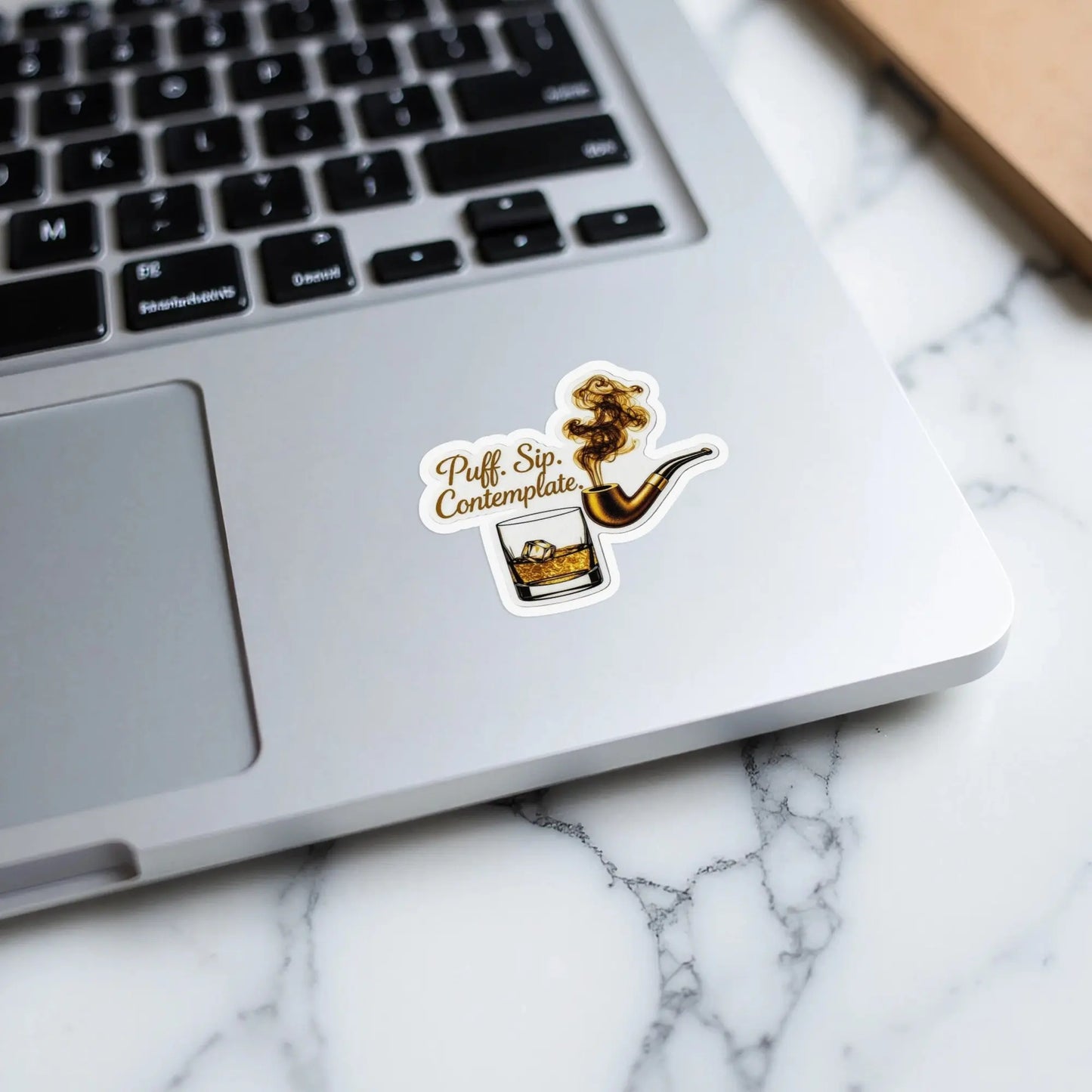 Sticker: "Puff. Sip. Contemplate." with smoking pipe and whiskey glass.