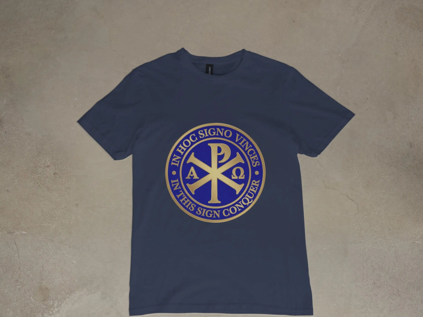 Navy t-shirt with gold Chi Rho symbol and inscription "In Hoc Signo Vinces"