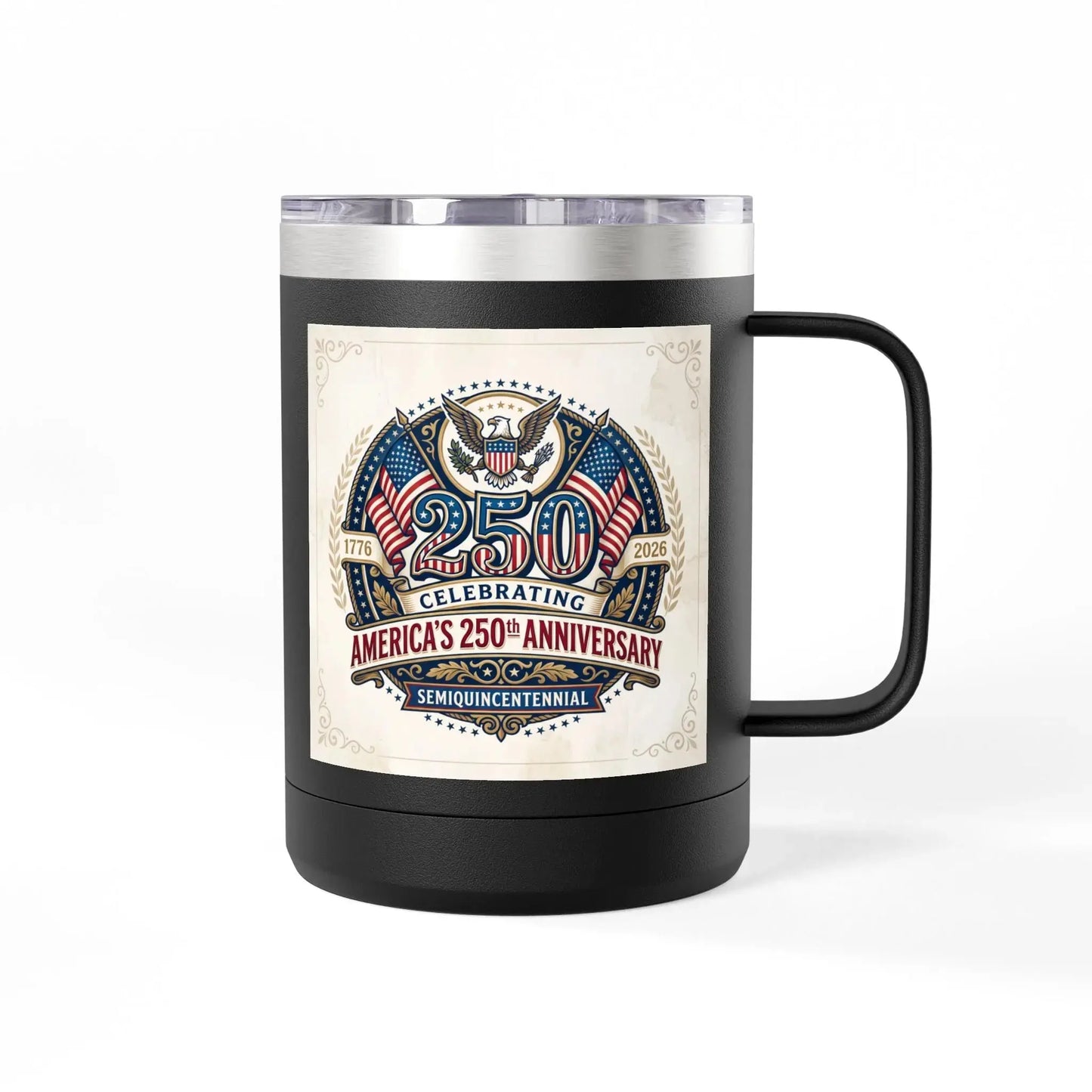 Black mug with 250th America's Anniversary emblem celebrating 1776-2026.