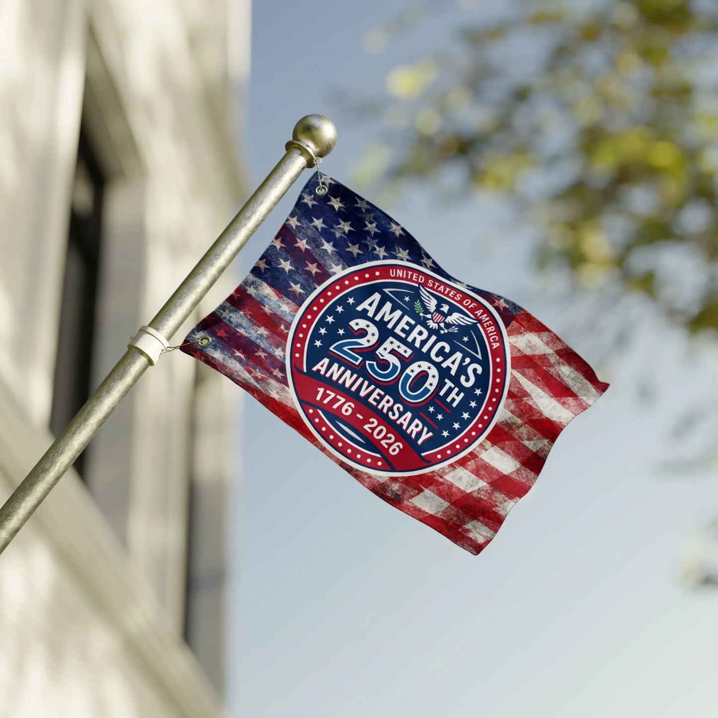 Flag with emblem celebrating America's 250th Anniversary, 1776-2026.