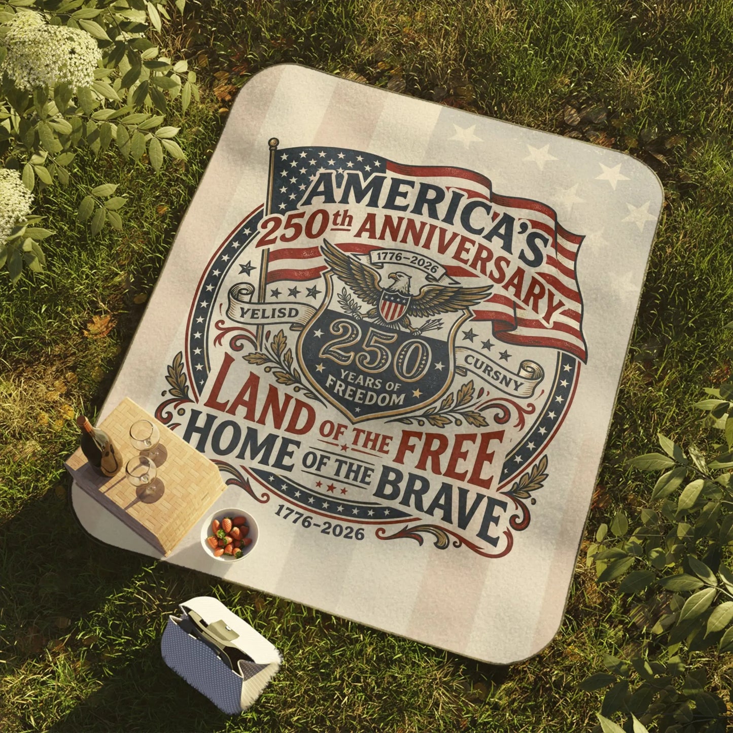 Picnic blanket with America's 250th Anniversary design and eagle emblem.