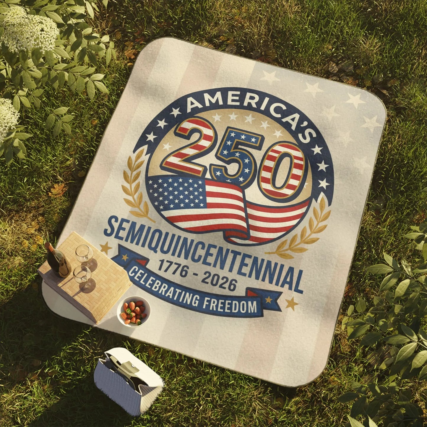 Picnic blanket with America's 250 Semiquicentennial design and a picnic spread.