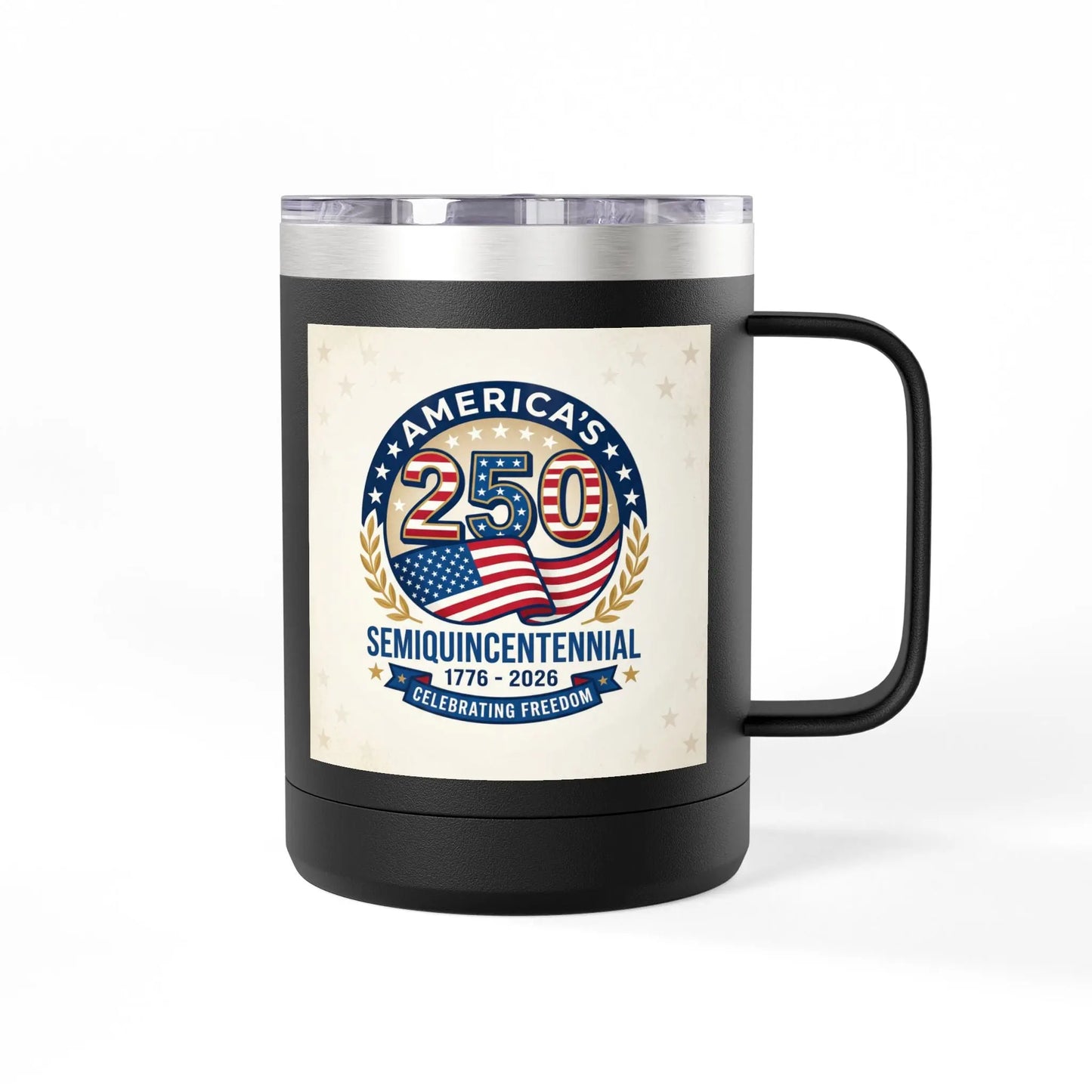 Black mug with America's 250th Semiquincentennial logo celebrating freedom from 1776-2026.