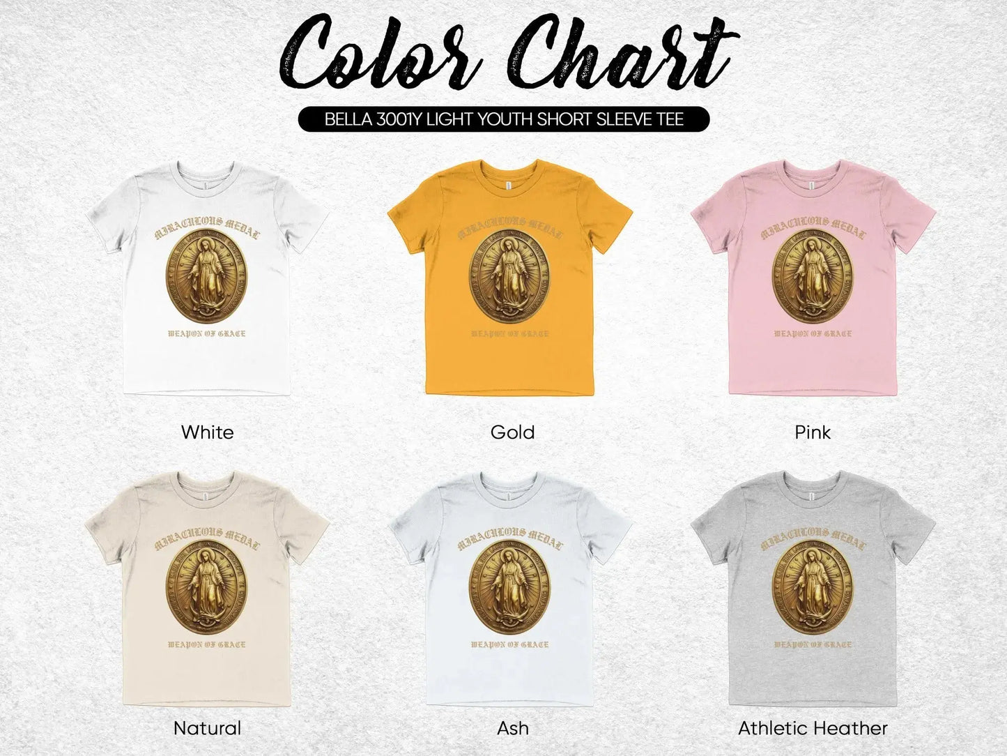 Six Bella 3001Y Youth Short Sleeve Tees in White, Gold, Pink, Natural, Ash, and Athletic Heather.
