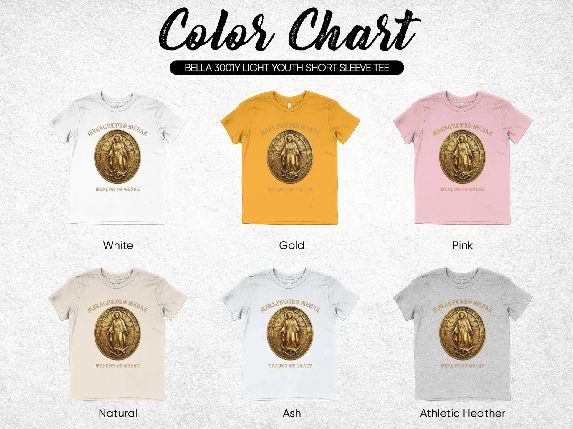 Six Bella 3001Y Youth Short Sleeve Tees in White, Gold, Pink, Natural, Ash, and Athletic Heather.