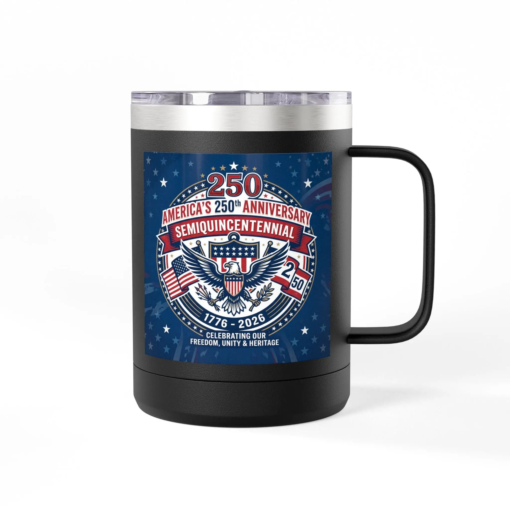 Black mug with America's 250th Anniversary Semi-quincentennial emblem.