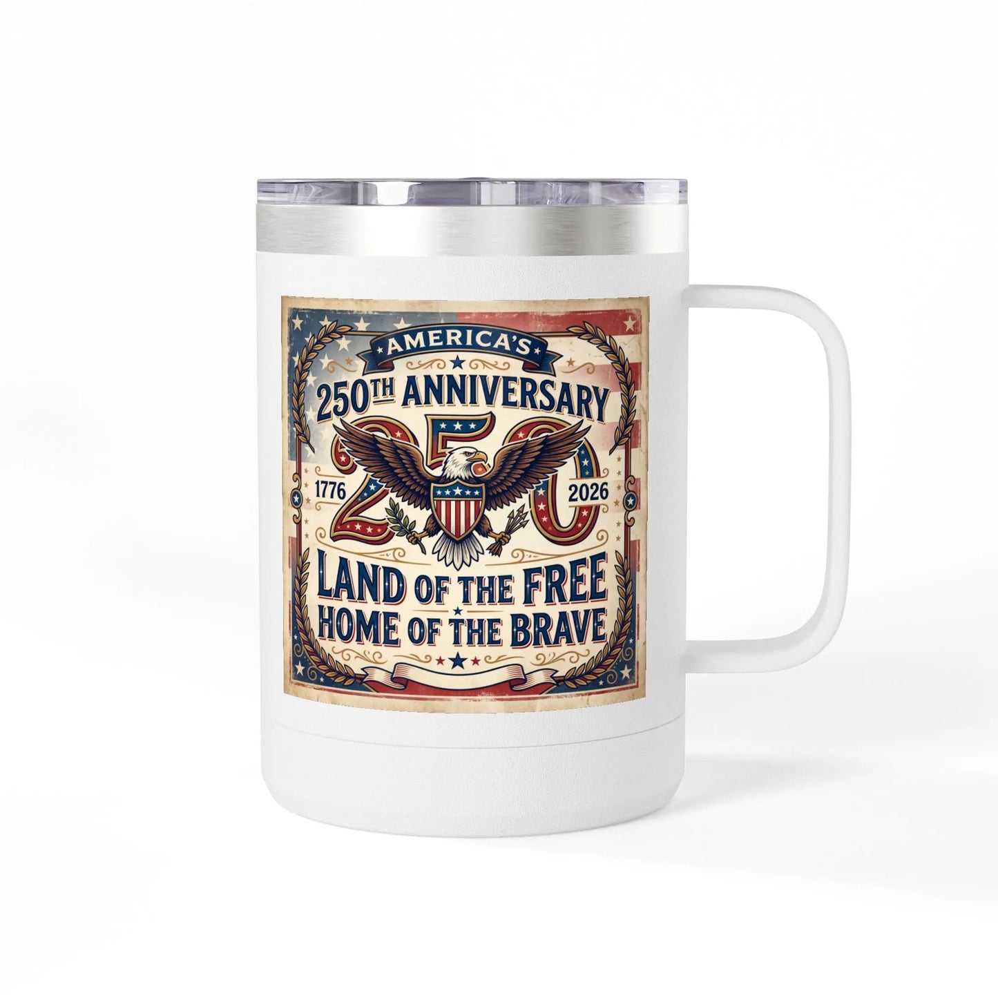 White tumbler featuring America's 250th Anniversary design with eagle and patriotic text.