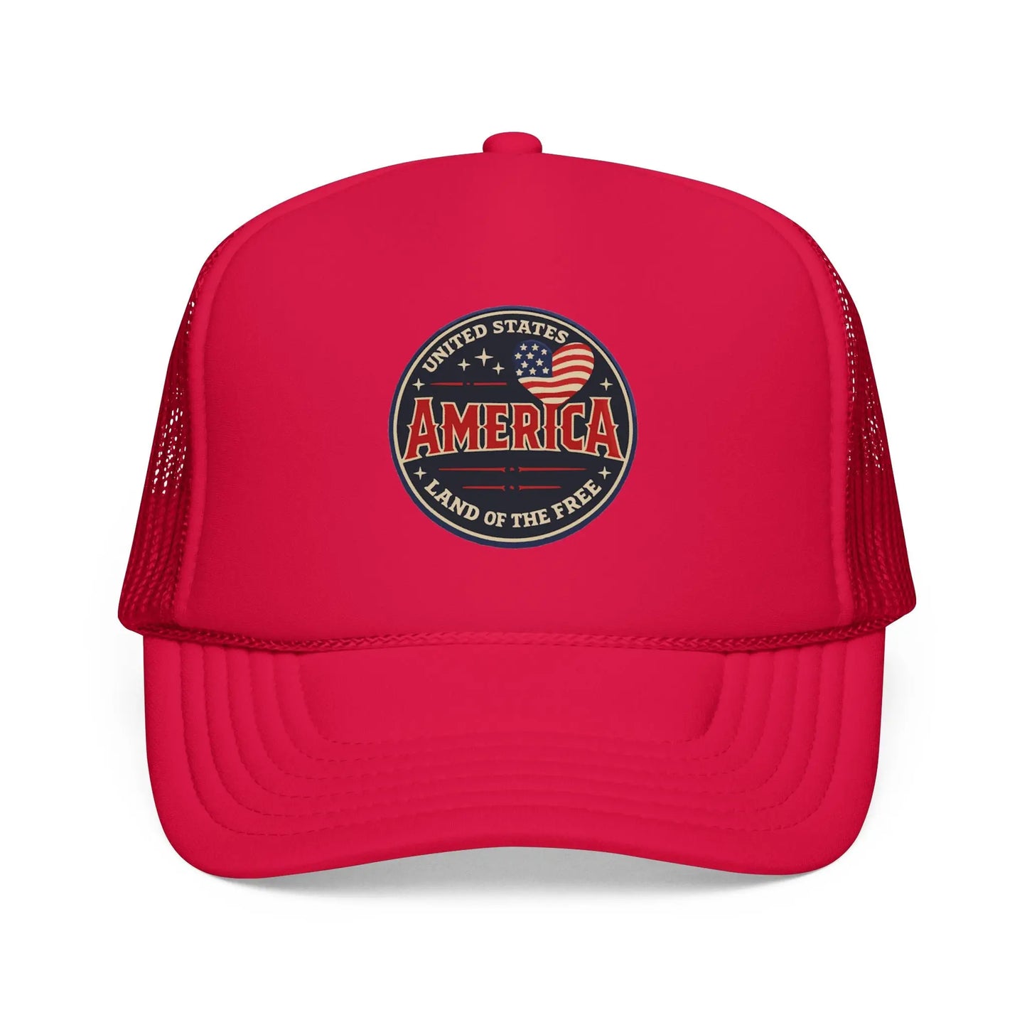 Red trucker hat with an embroidered American flag and patriotic text emblem.