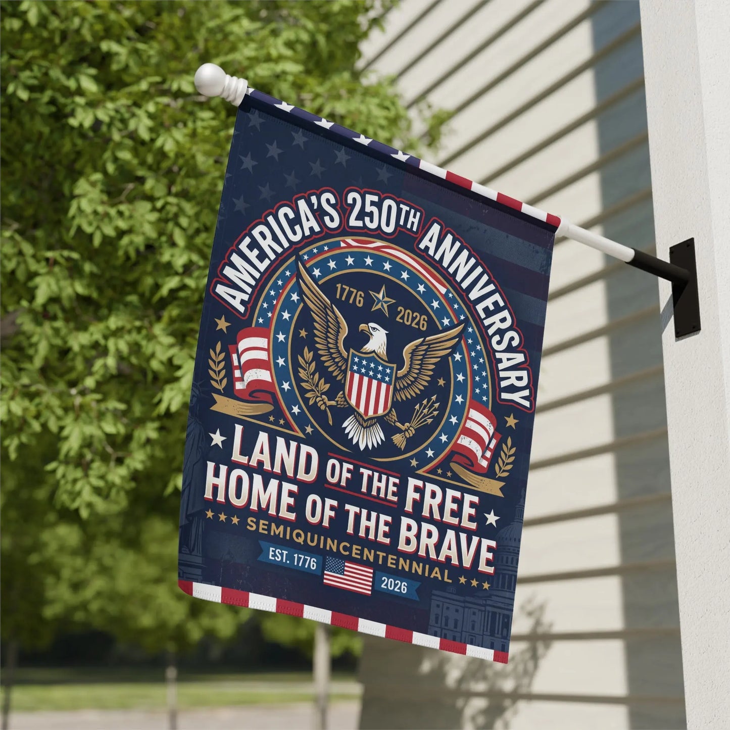America's 250th Anniversary flag with eagle, USA flags, and "Land of the Free" text.