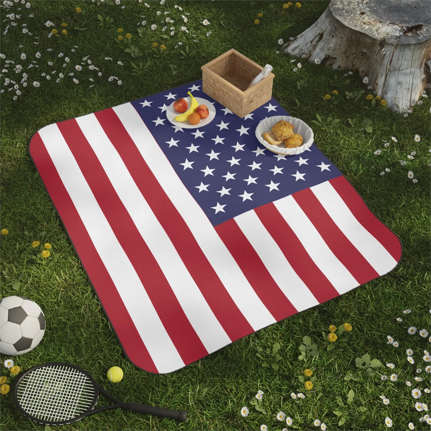 Picnic blanket with US flag design, fruits, bread, and sports equipment on grass.