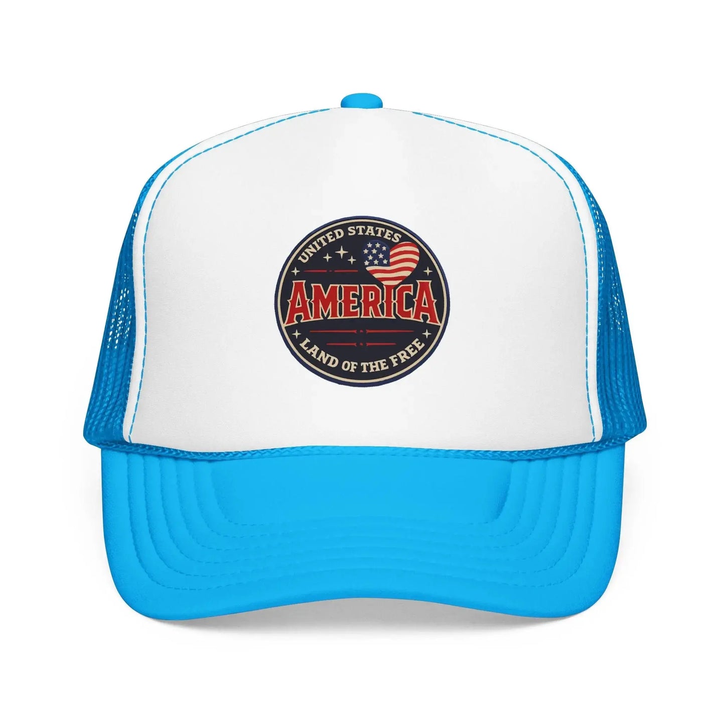 White trucker hat with blue brim and mesh, featuring an "America: Land of the Free" circular badge.