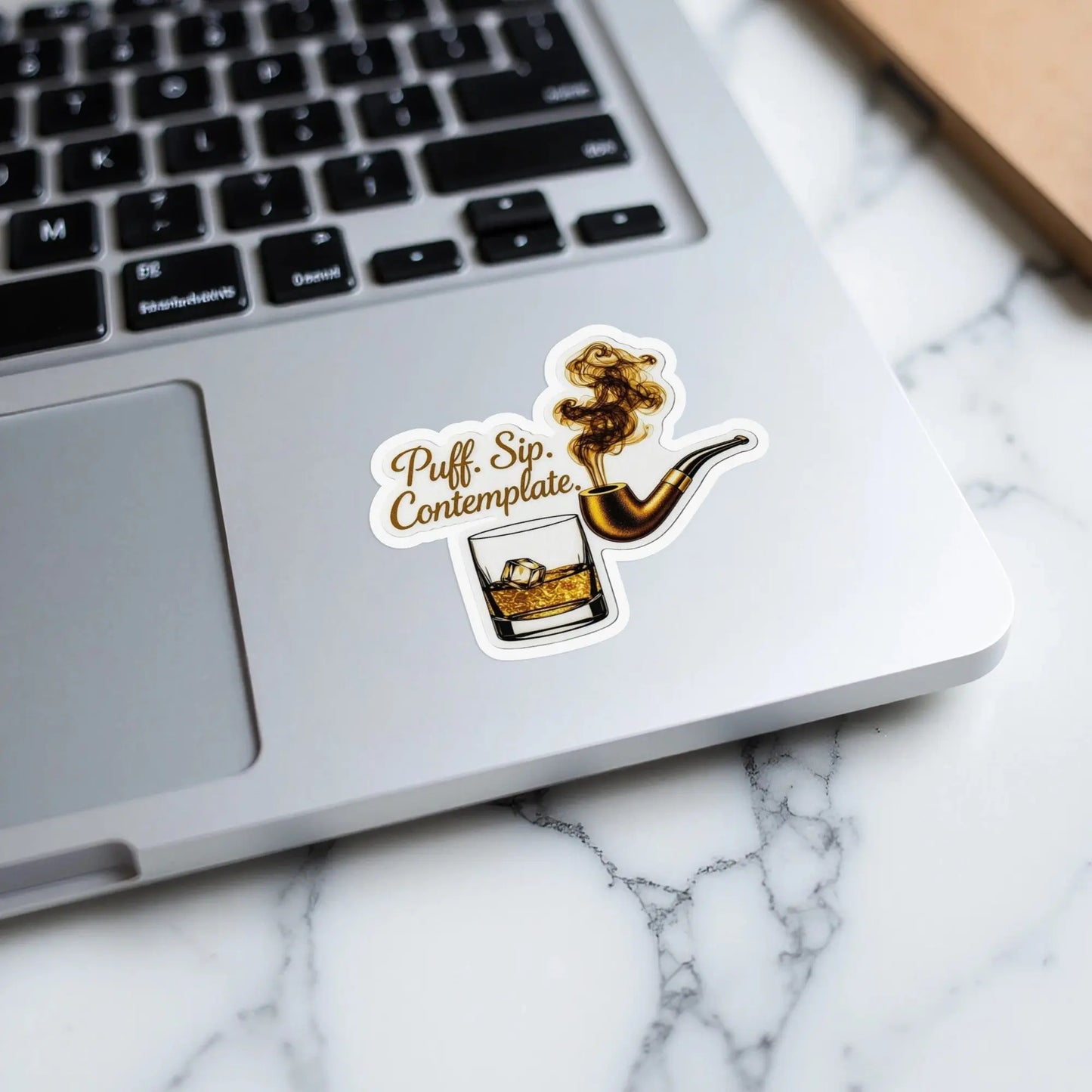 Sticker with pipe, whiskey glass, and text "Puff. Sip. Contemplate."