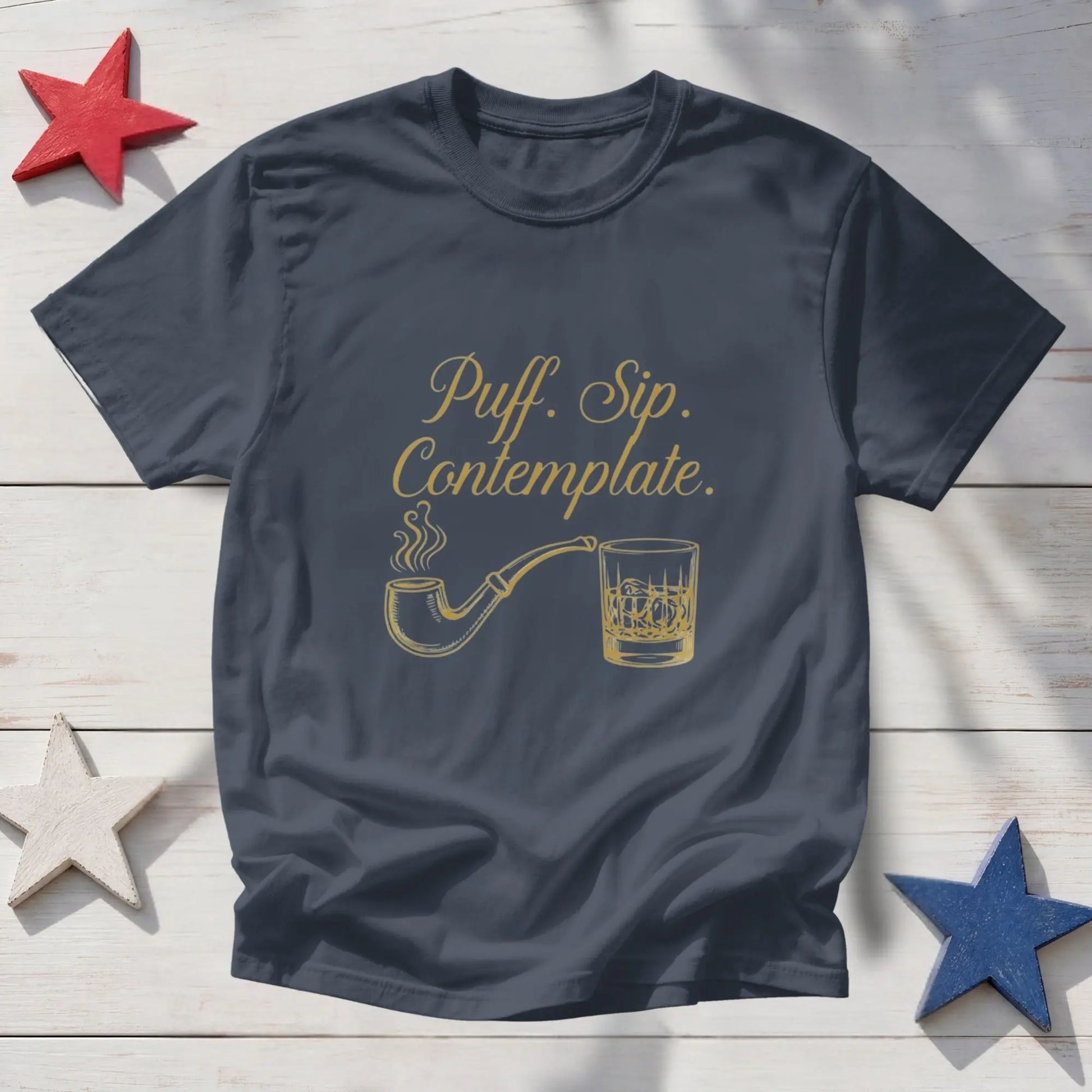 Dark blue t-shirt with golden text "Puff. Sip. Contemplate." and graphic.