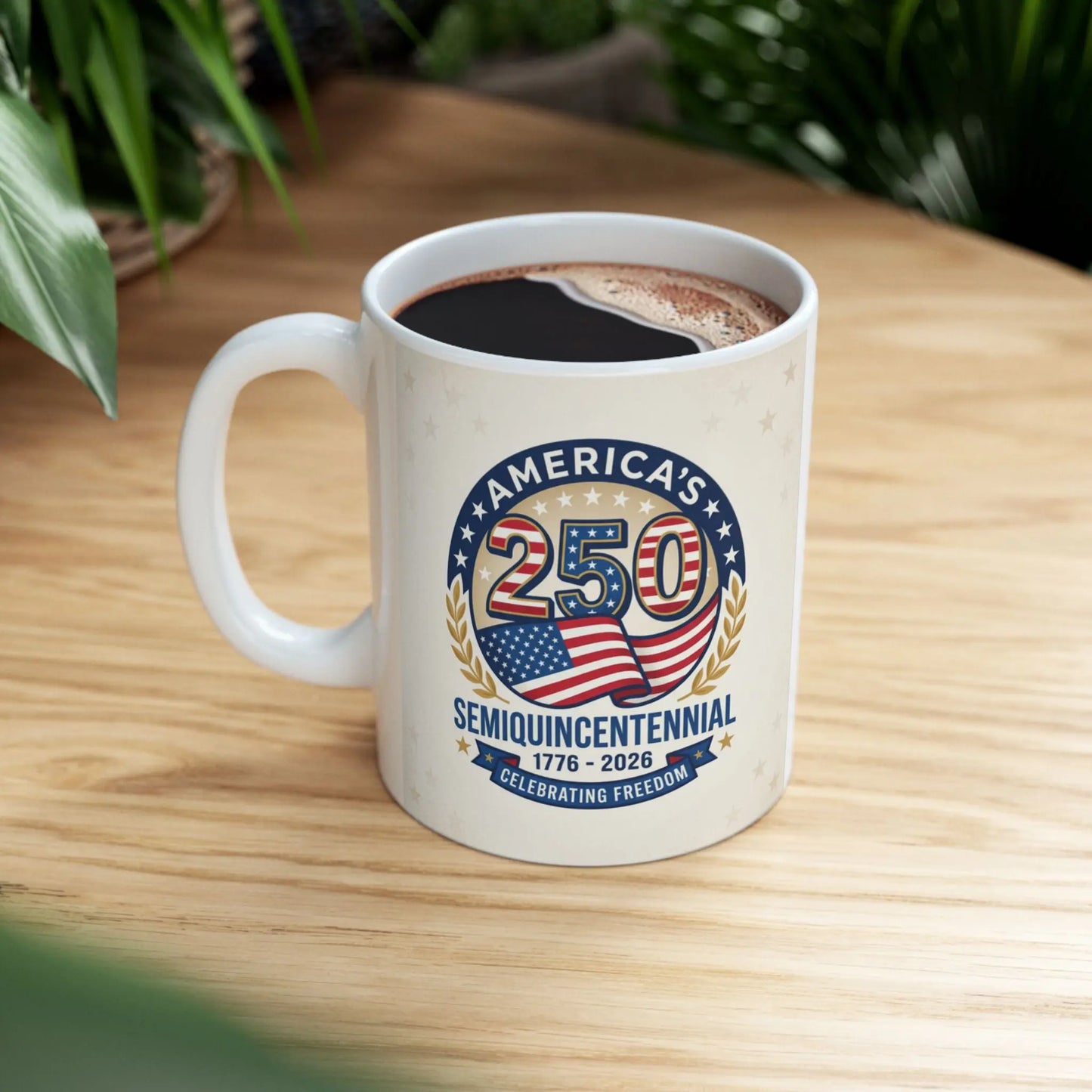 White mug with American Semiquincentennial 250th celebration logo and text.