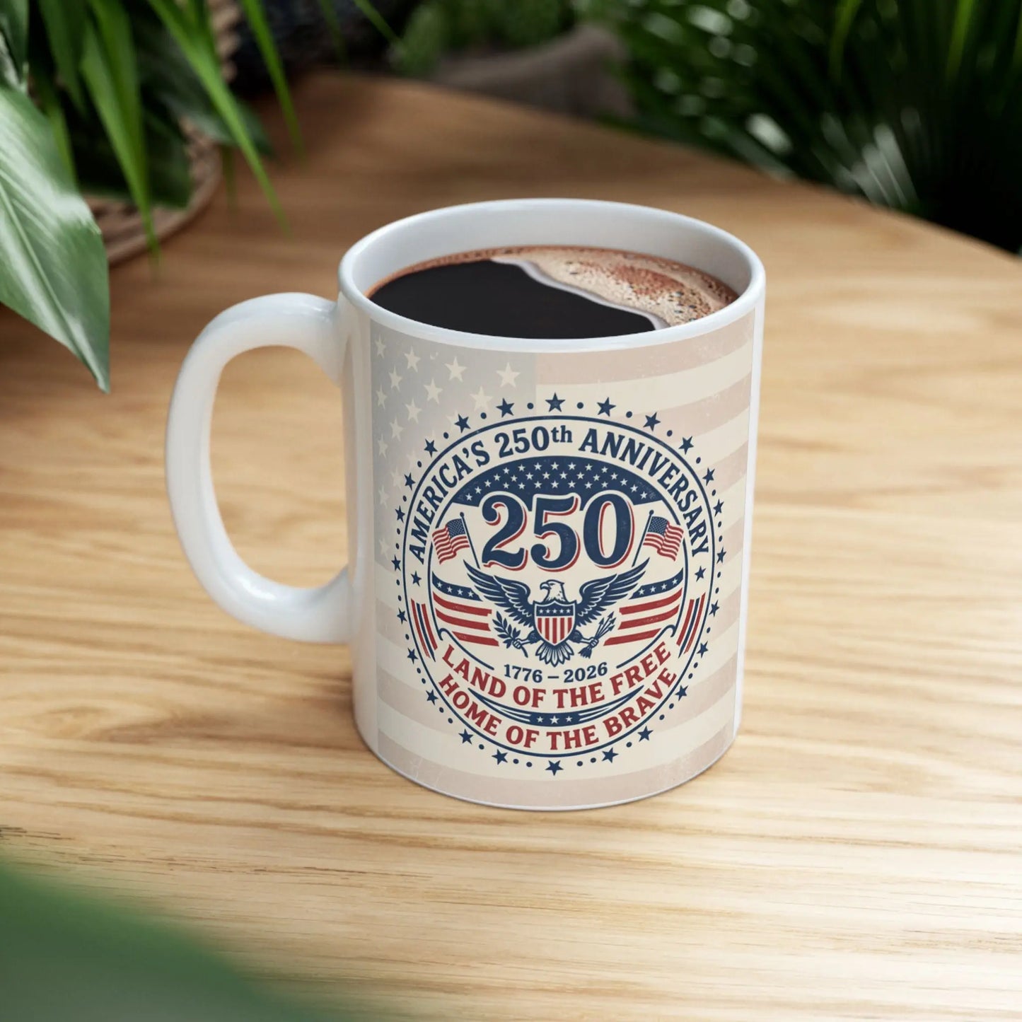 Mug with America's 250th Anniversary design and patriotic eagle emblem.