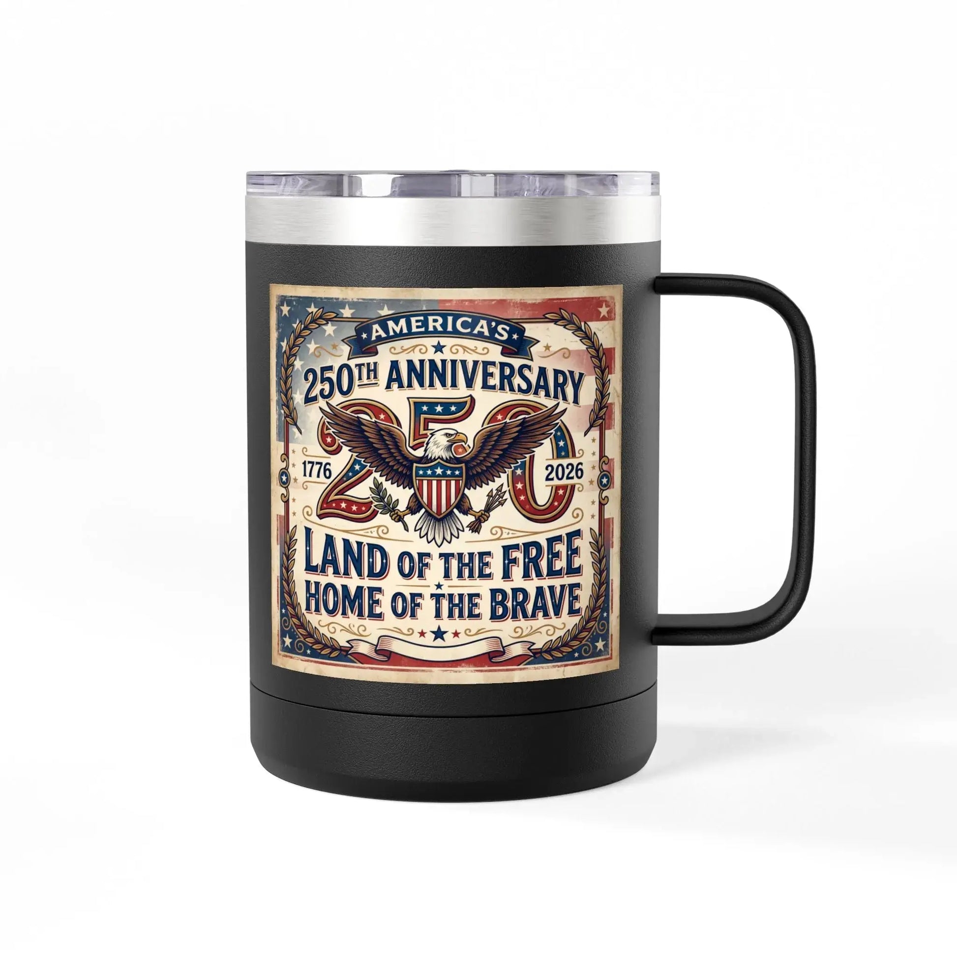 Black mug with eagle and "America's 250th Anniversary Land of the Free" design.