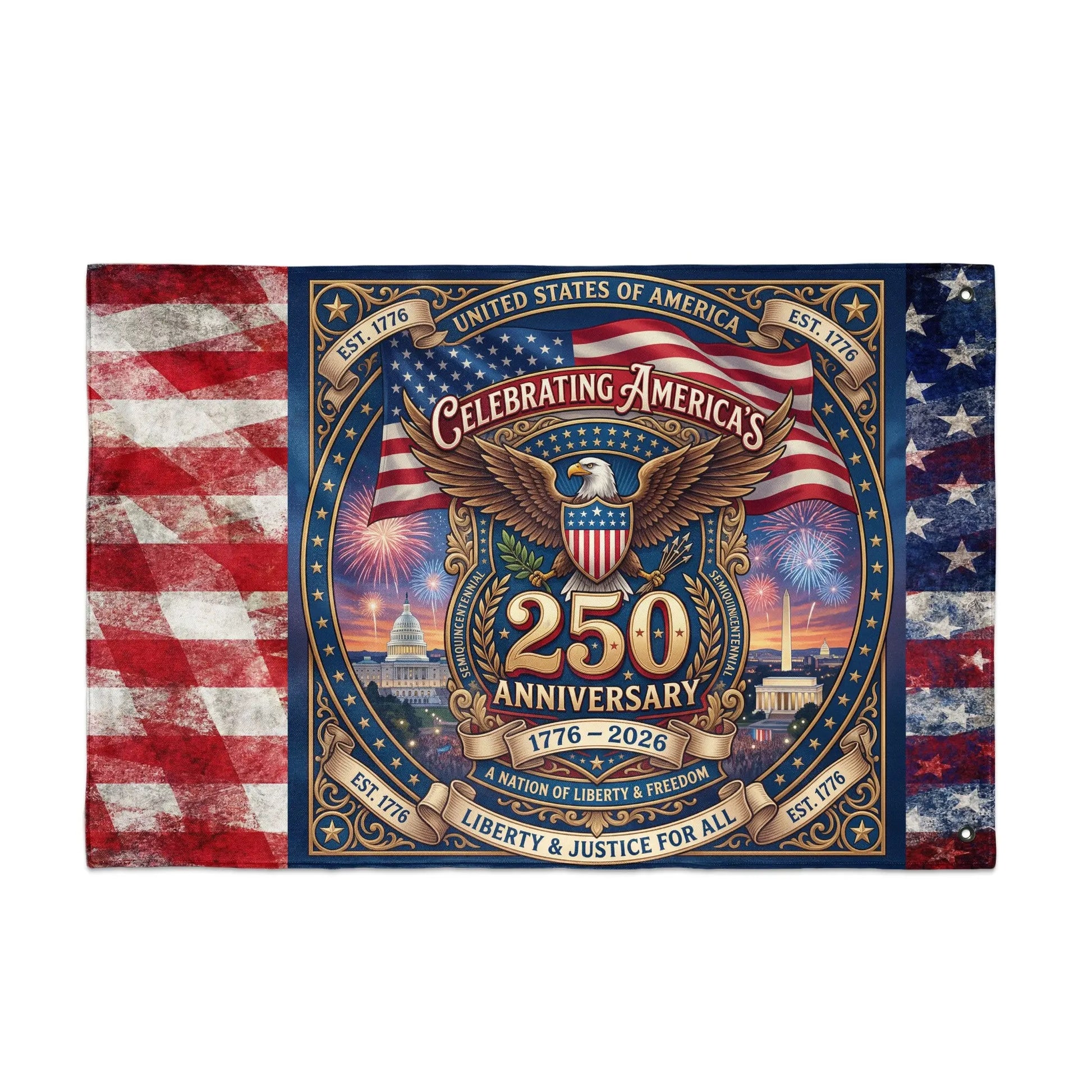 American eagle with 250th anniversary text on a distressed US flag background.