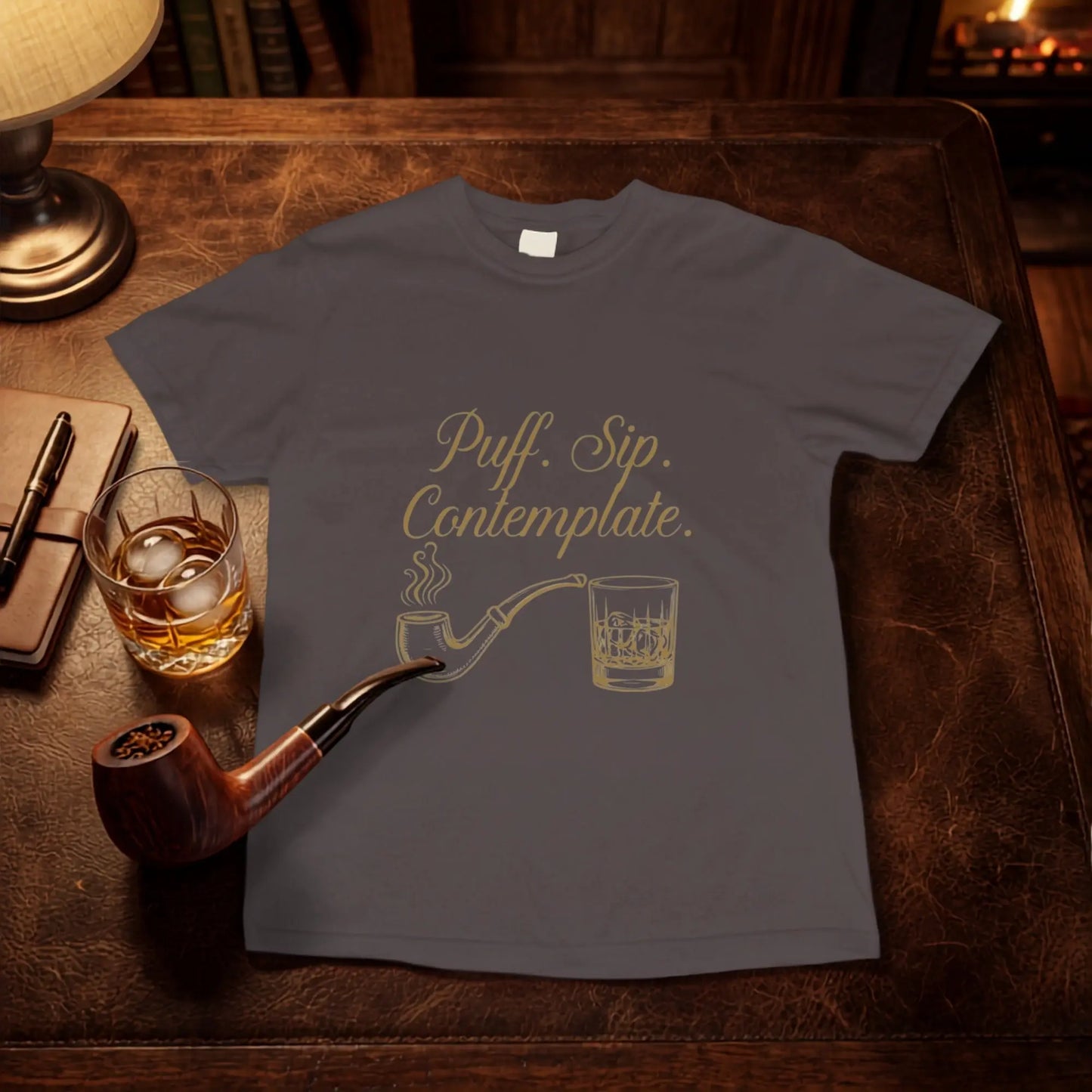 Graphic tee with gold text "Puff. Sip. Contemplate." and pipe and whiskey glass design.