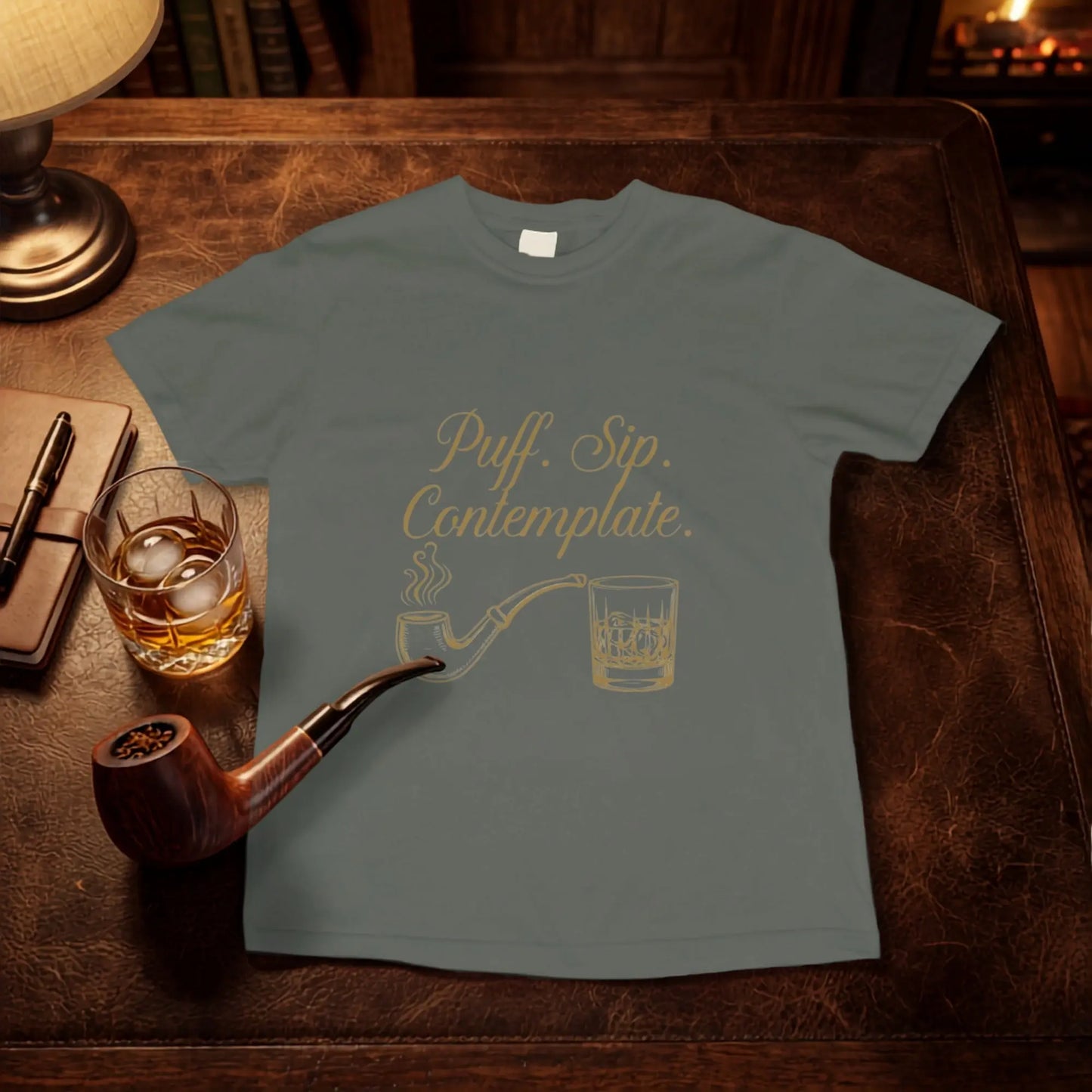 Gray t-shirt with gold text "Puff. Sip. Contemplate." and graphics of a pipe and whiskey glass.