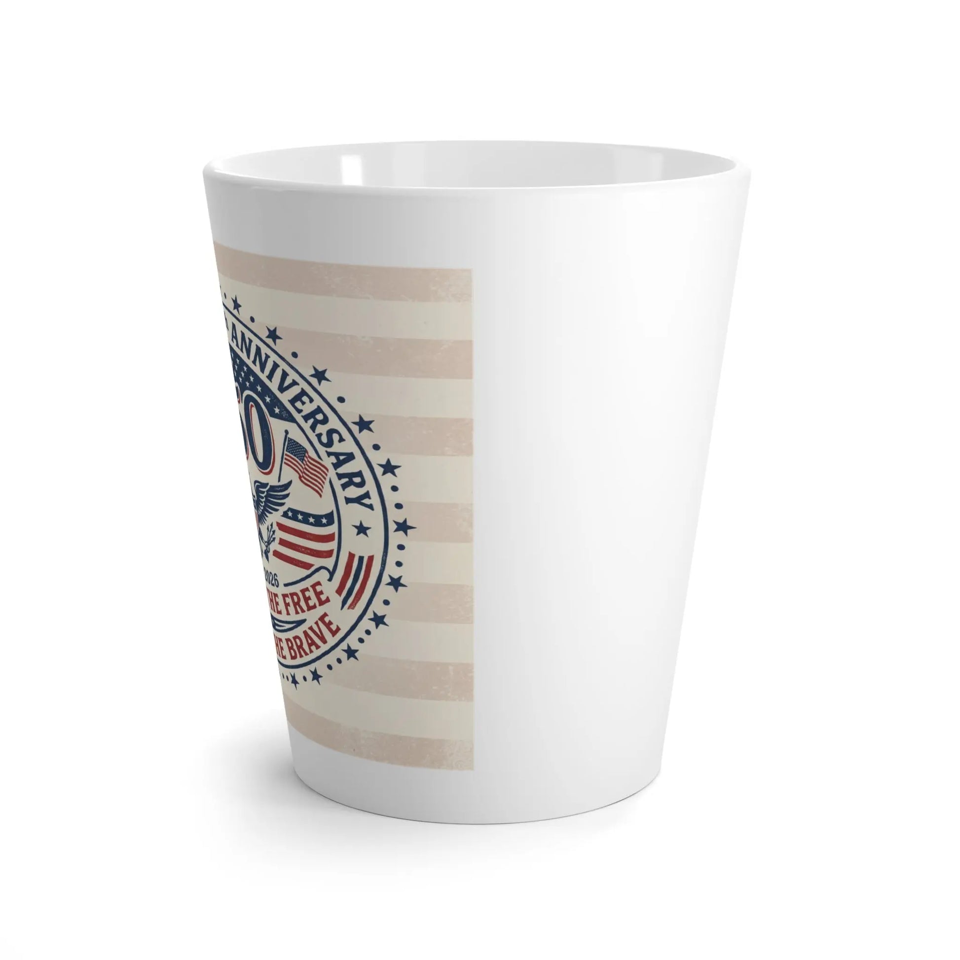 White mug with a circular patriotic design featuring "100 ANNIVERSARY" and "OFFICE OF THE FREE AND BRAVE".