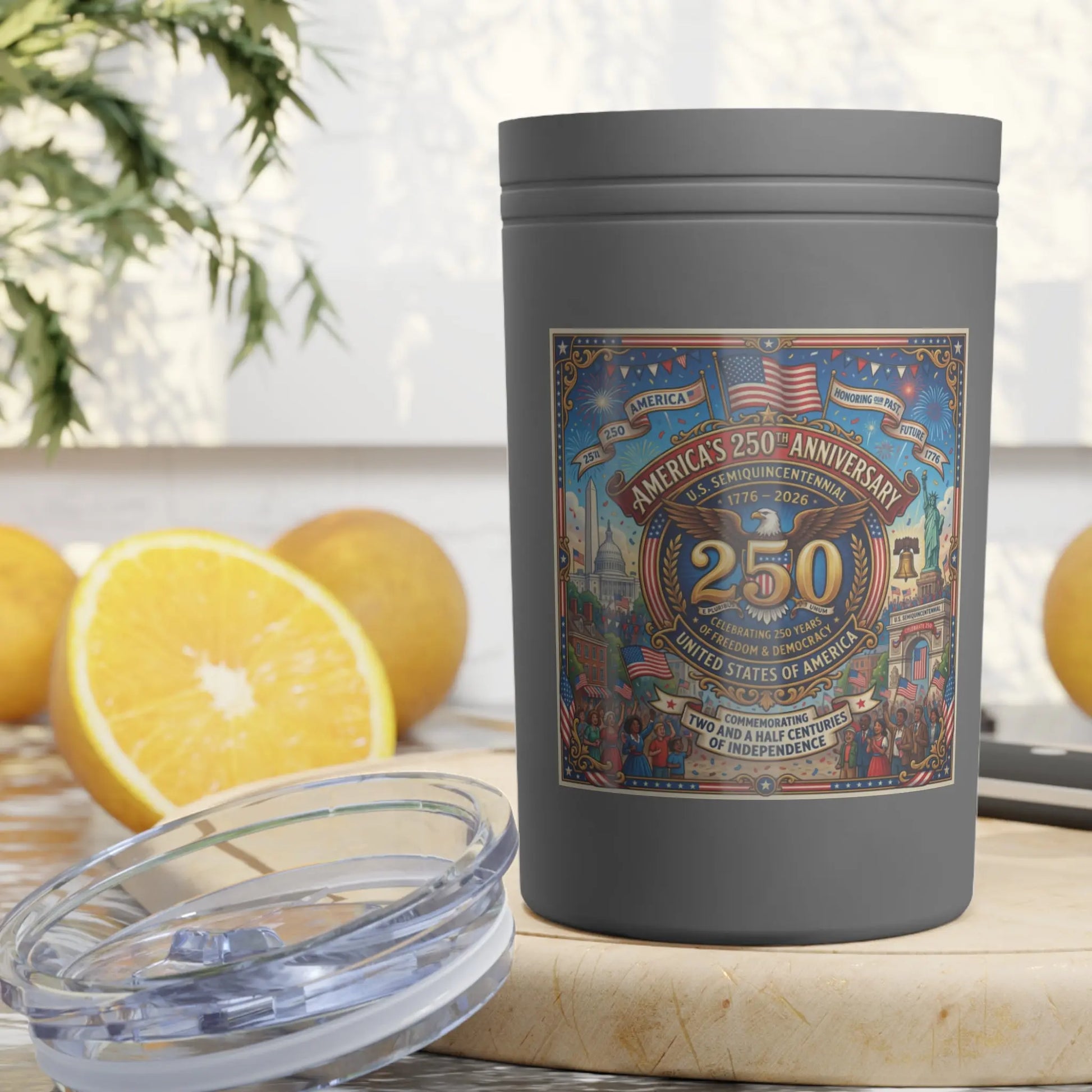 Gray tumbler with America's 250th Anniversary design celebrating U.S. independence.