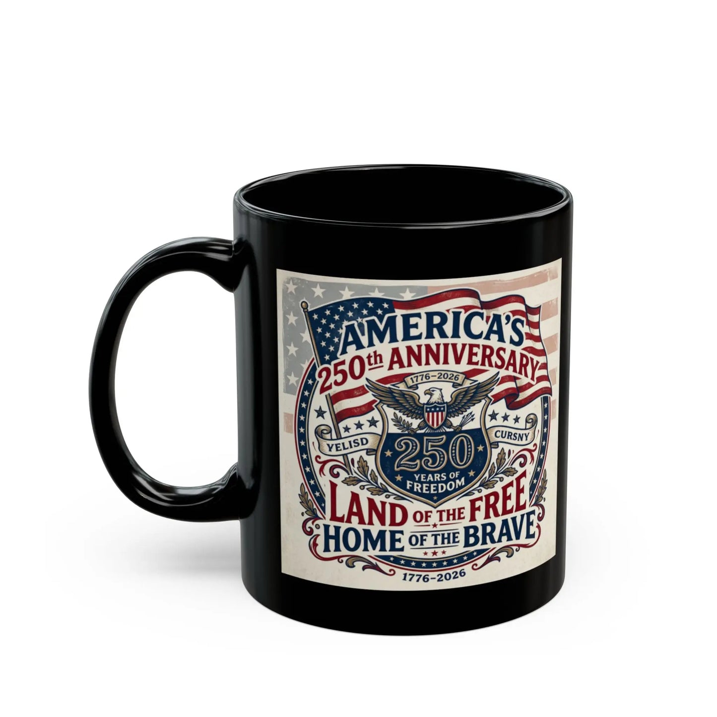 Black mug with America's 250th Anniversary design featuring an eagle and patriotic text.