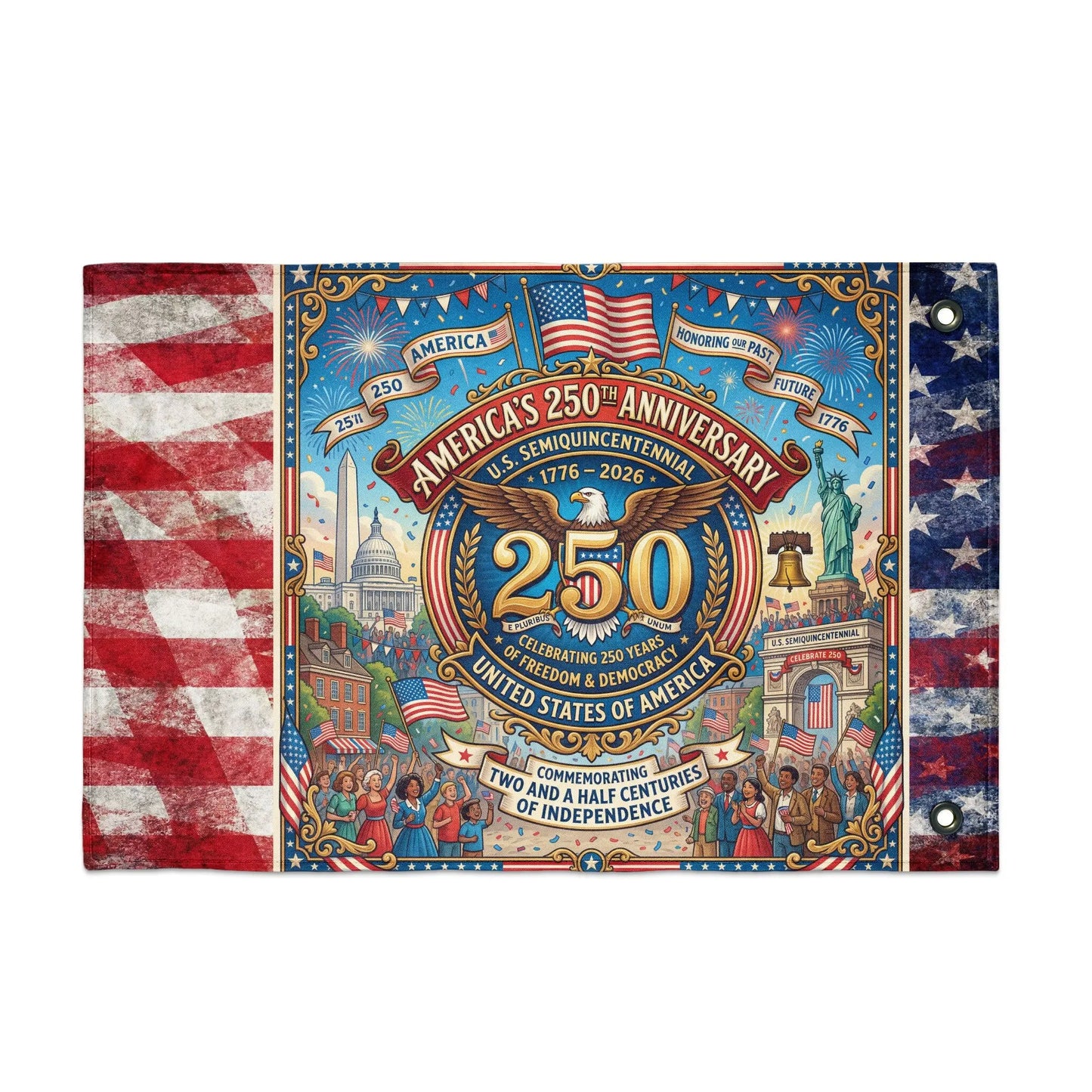 America's 250th Semiquincentennial Anniversary banner with national monuments and people.