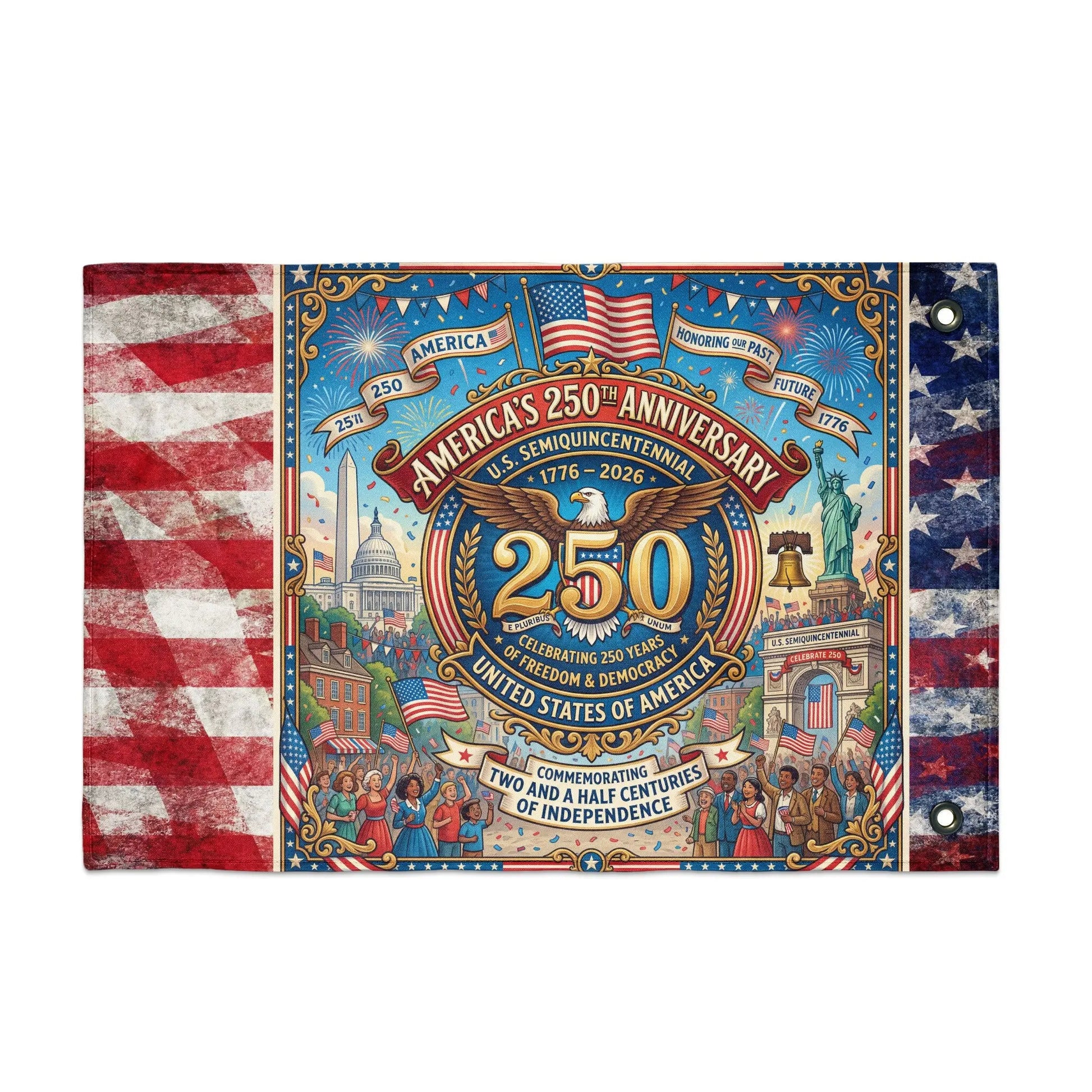 America's 250th Semiquincentennial Anniversary banner with national monuments and people.