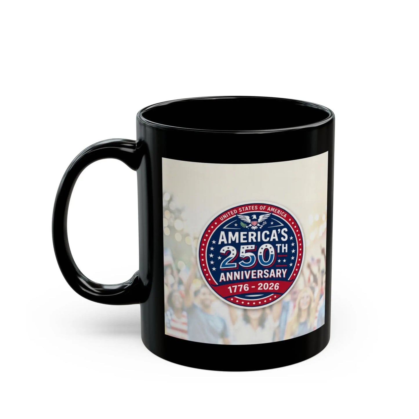 Black mug with a circular logo celebrating America's 250th Anniversary, 1776-2026.