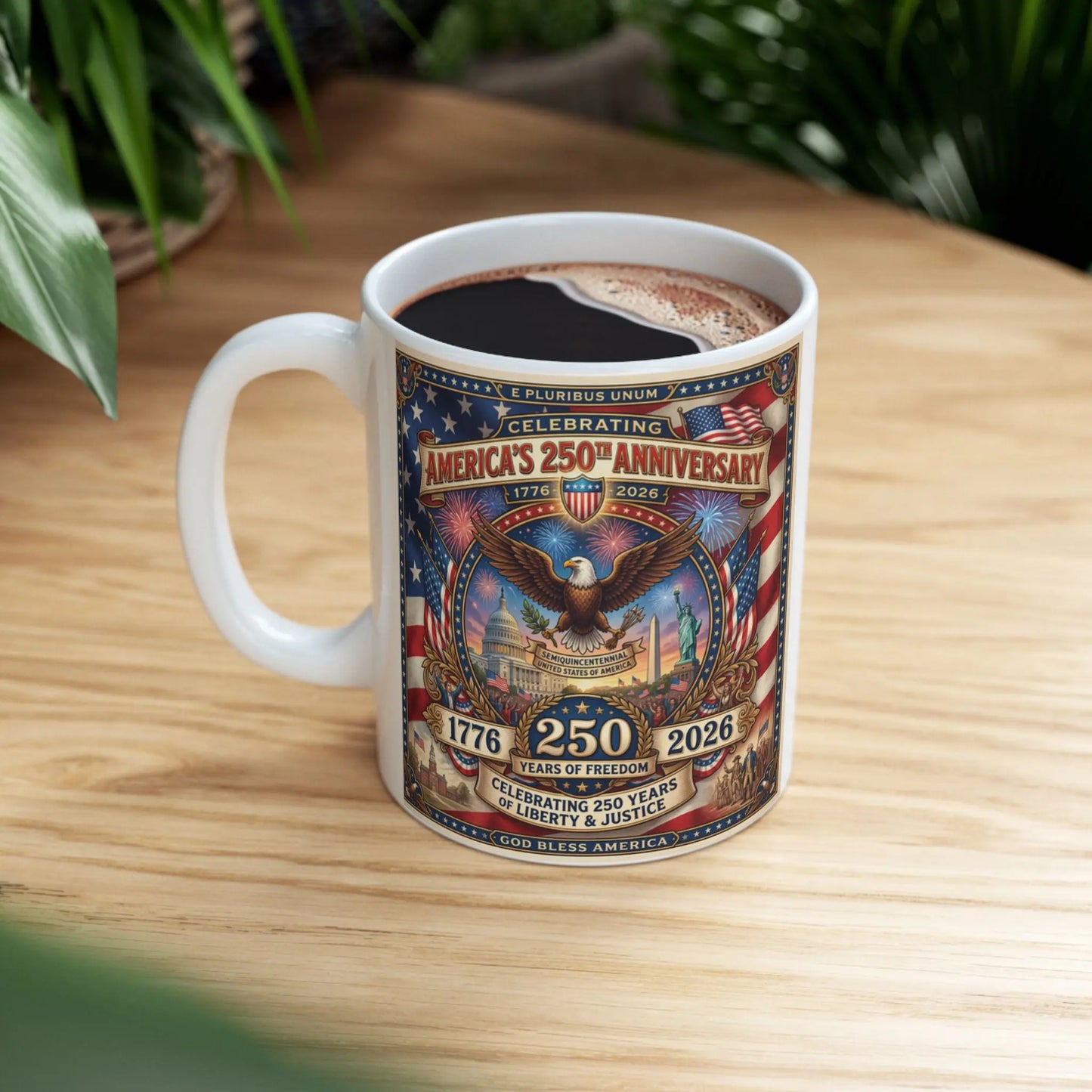 White mug celebrating America's 250th Anniversary with eagle, Capitol, Statue of Liberty, flags.