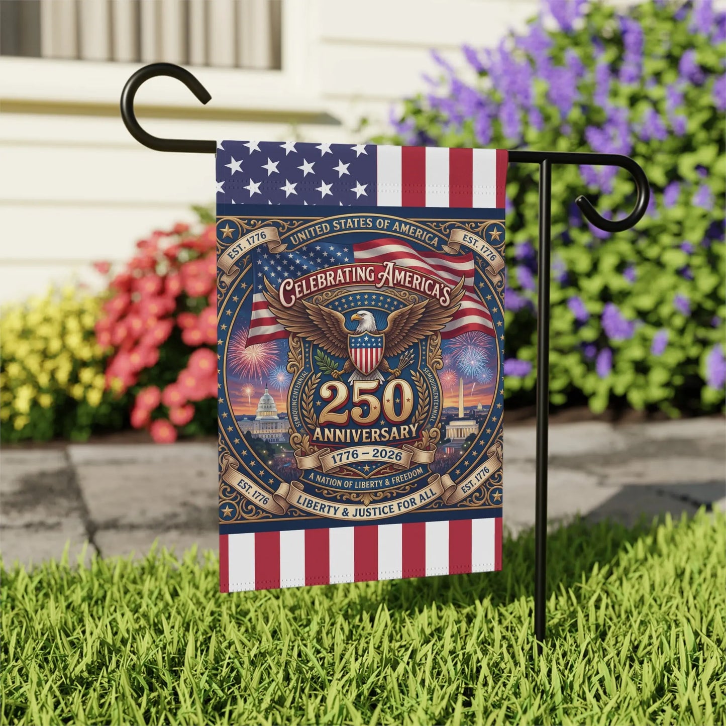 Flag celebrating America's 250th anniversary from 1776-2026 with eagle, monuments, and fireworks.