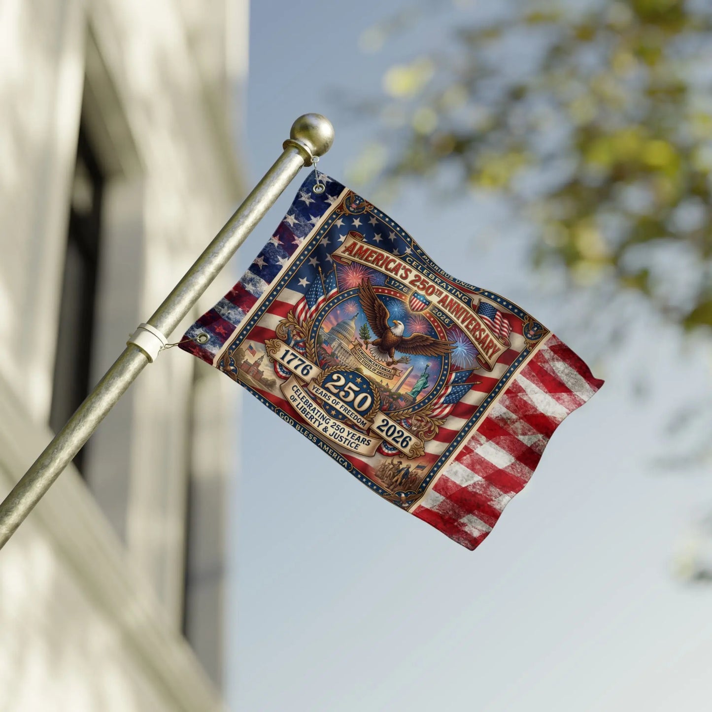 Flag celebrating America's 250th anniversary with eagle, Capitol, and Statue of Liberty.
