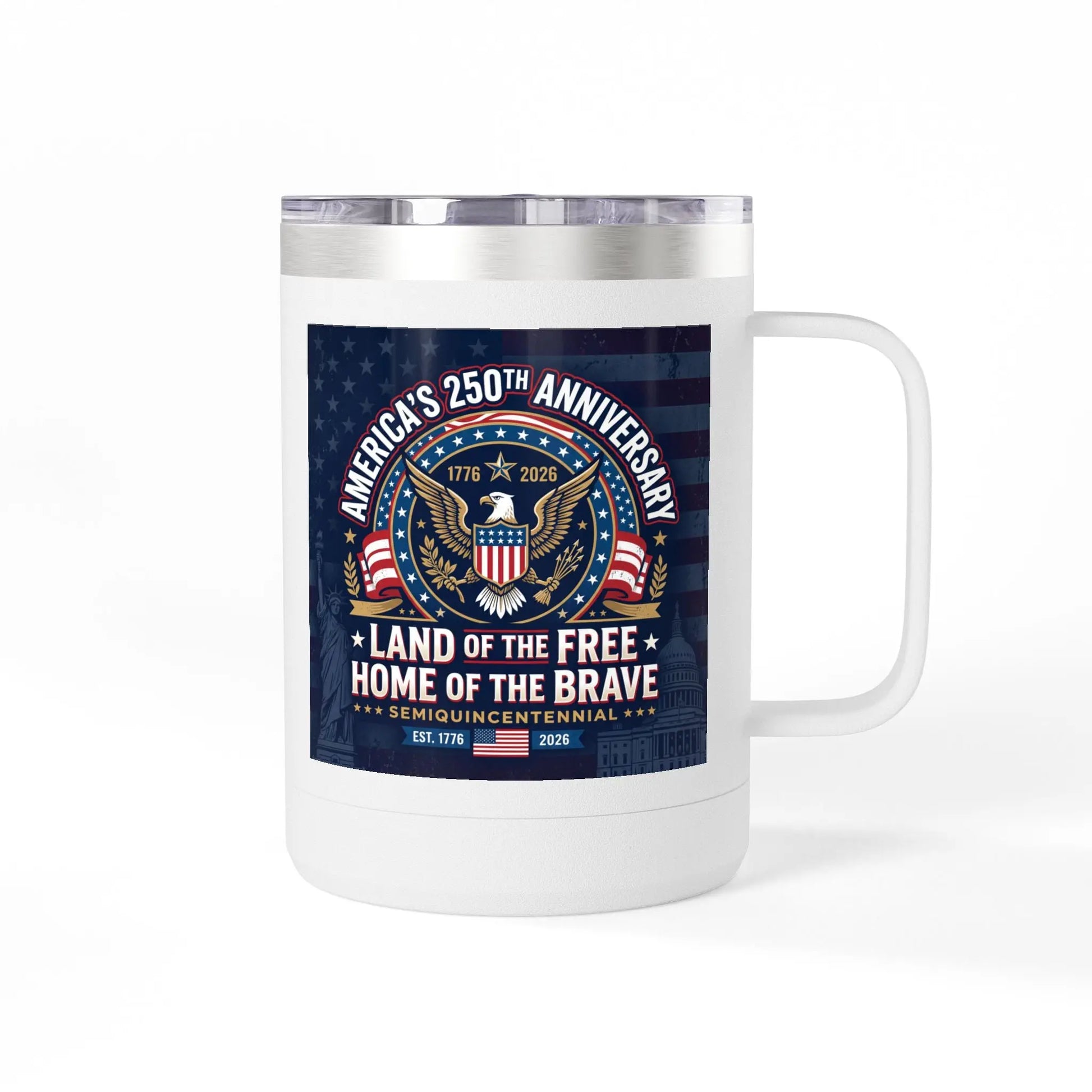 White mug with America's 250th anniversary design and patriotic imagery.